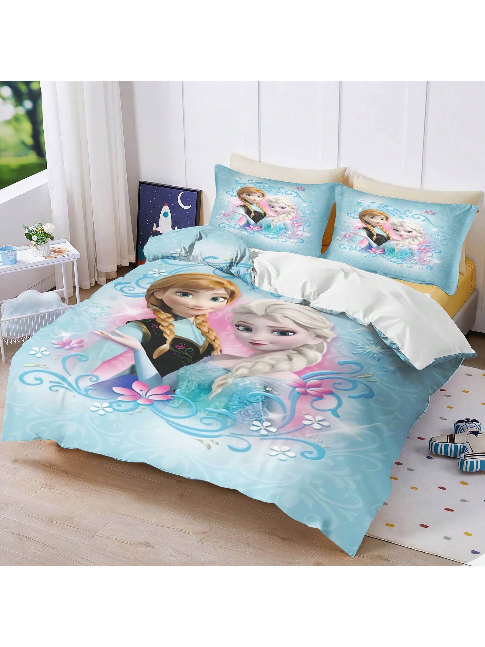 Frozen Duvet Cover, Anna Olaf Bedding Set,Anime Cartoon Children'S Bed Linen 135 X 200 Cm For Girl'S Room 3pcs  1 Quilt Cover + 2 Pillowcases (No Filling)