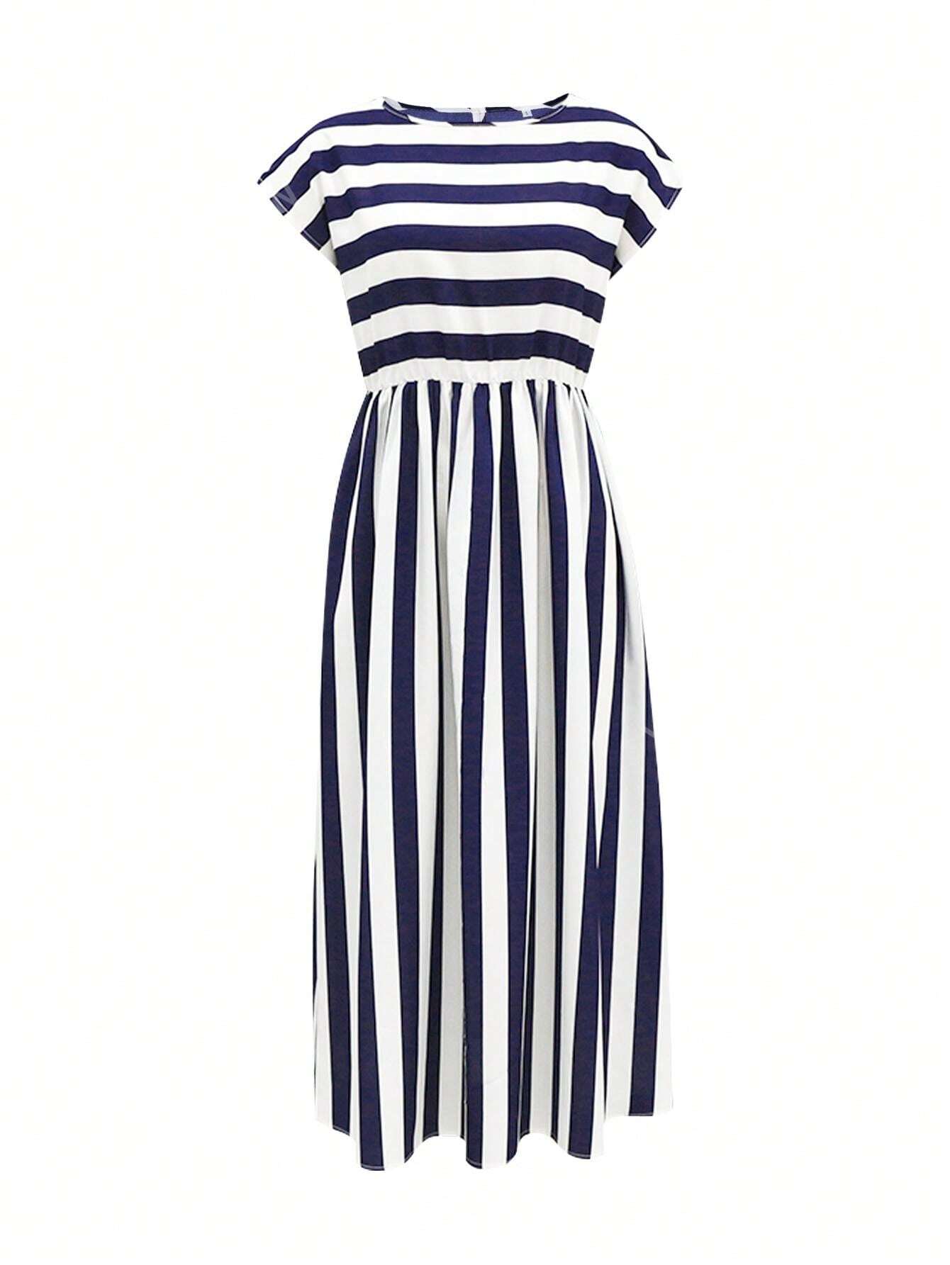 Summer Round Neck Striped Drop Shoulder Sleeve A-Line Midi Dress