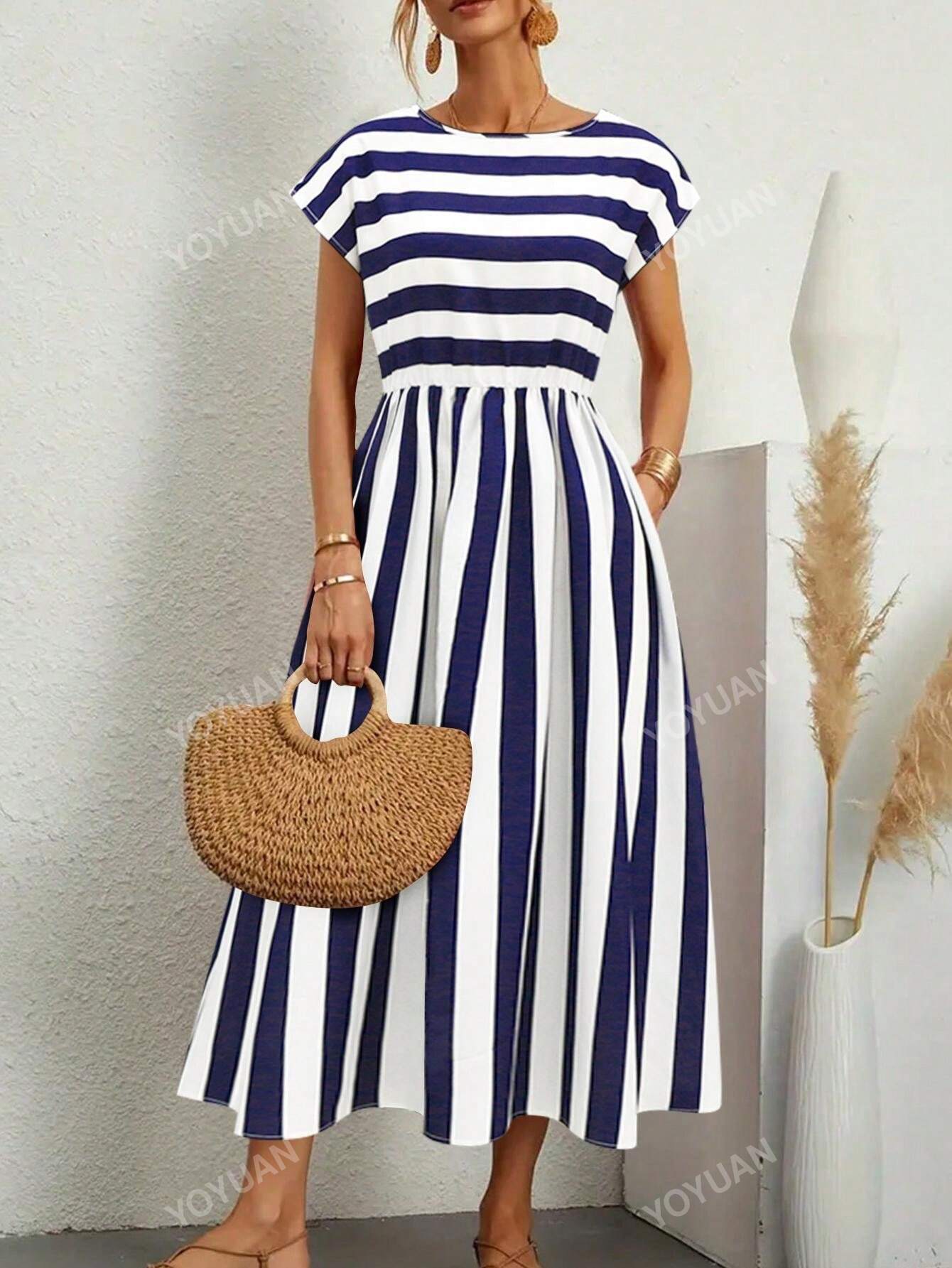 Summer Round Neck Striped Drop Shoulder Sleeve A-Line Midi Dress