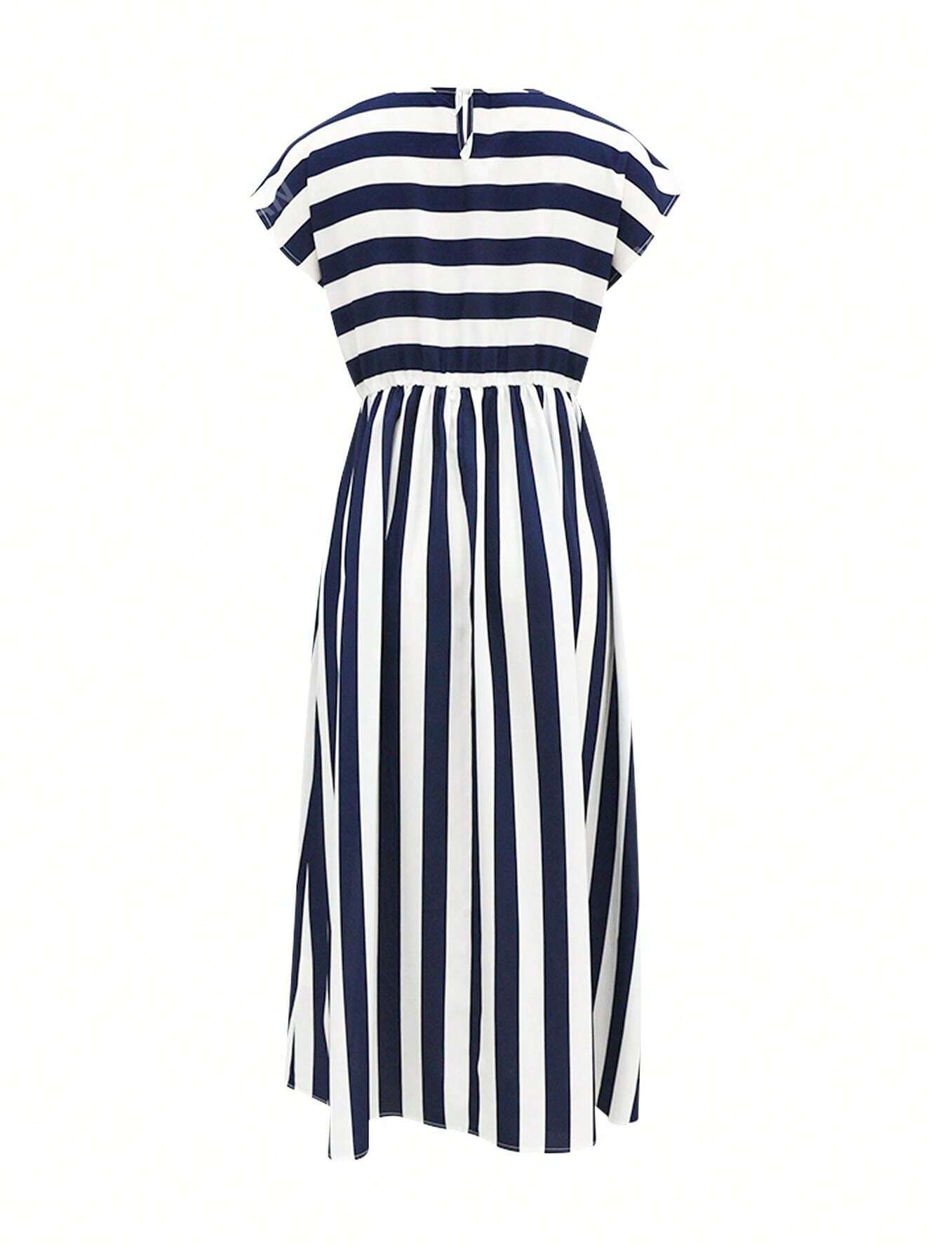 Summer Round Neck Striped Drop Shoulder Sleeve A-Line Midi Dress