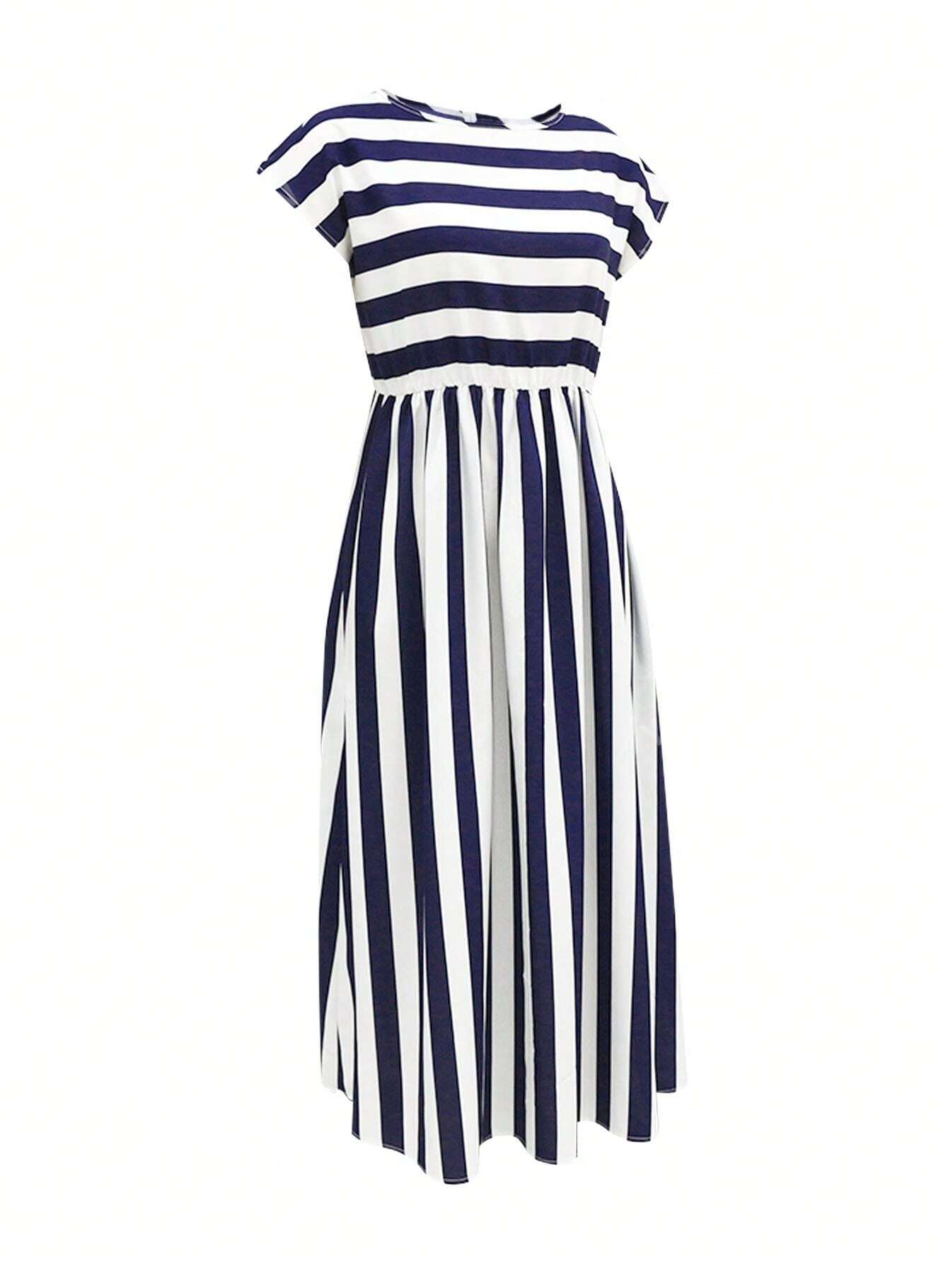 Summer Round Neck Striped Drop Shoulder Sleeve A-Line Midi Dress