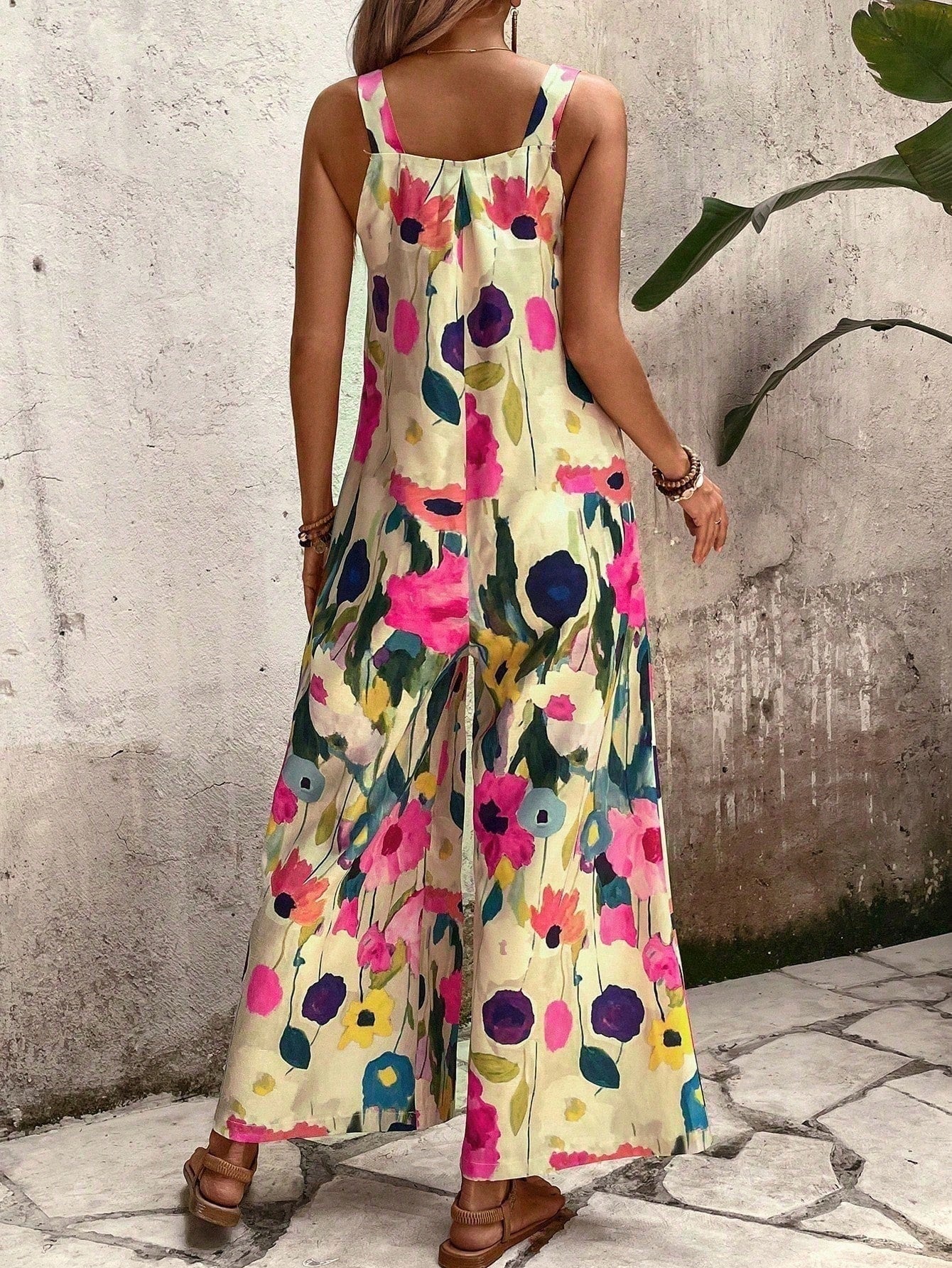 LUNE Floral Print Wide-Leg Jumpsuit For Vacation And Leisure