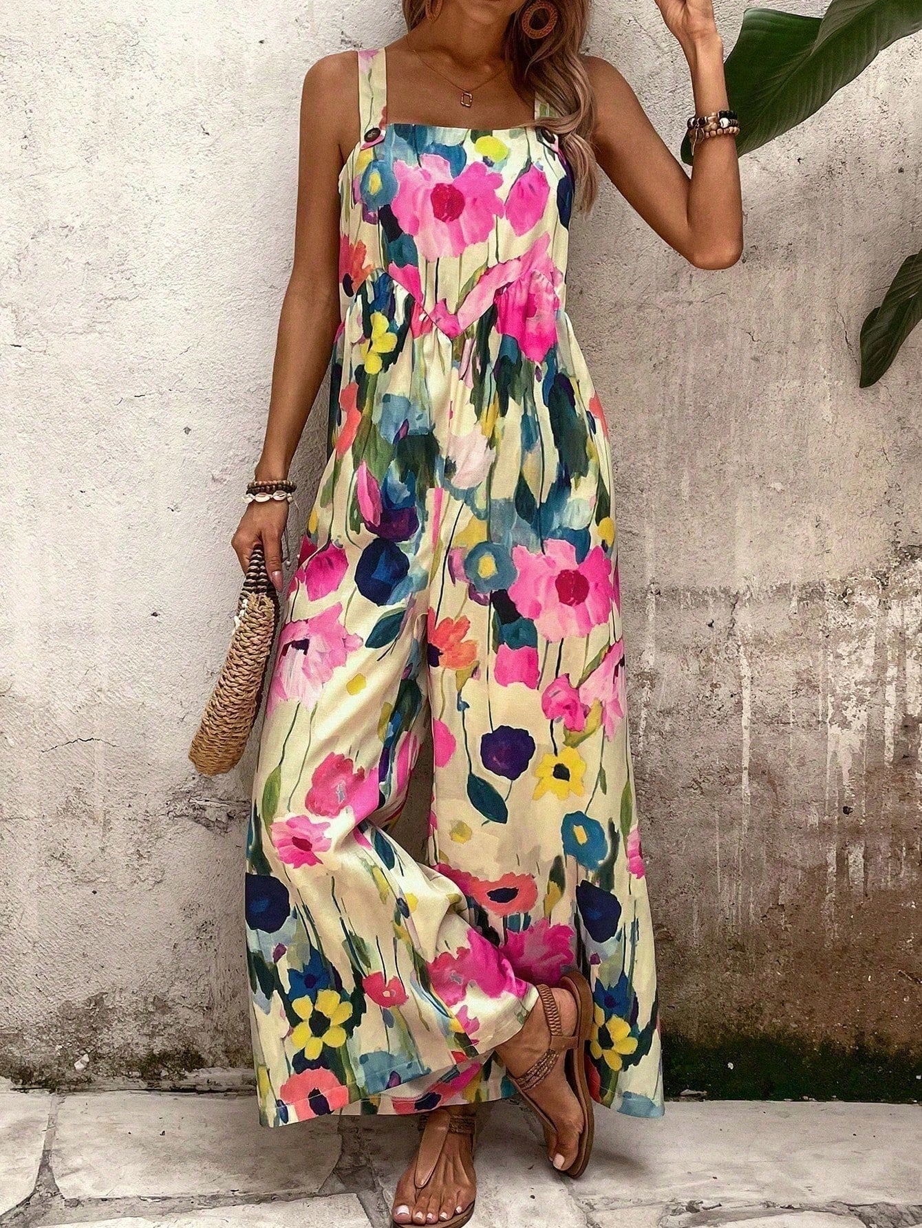 LUNE Floral Print Wide-Leg Jumpsuit For Vacation And Leisure