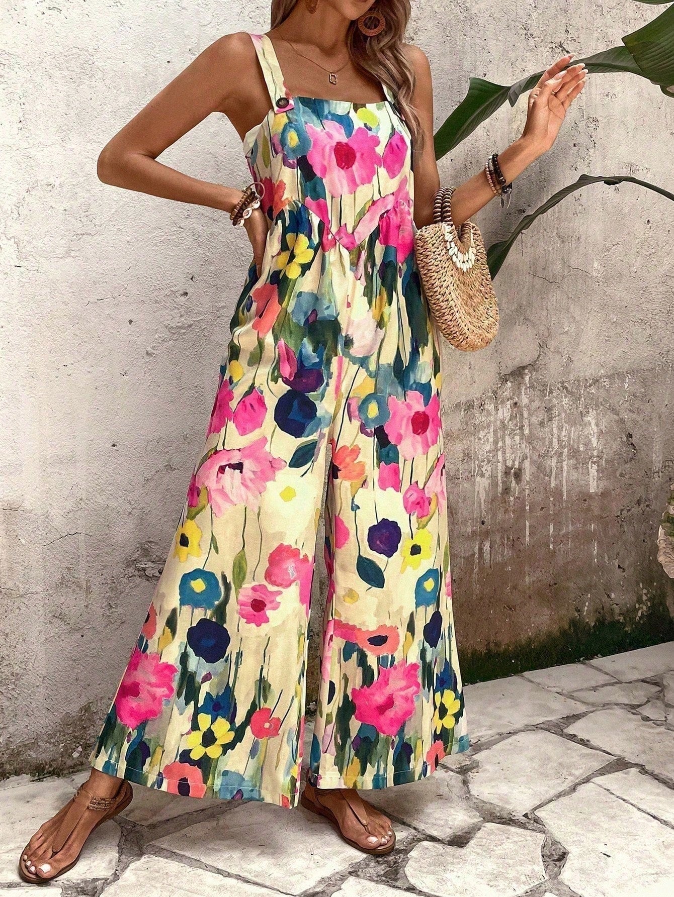 LUNE Floral Print Wide-Leg Jumpsuit For Vacation And Leisure