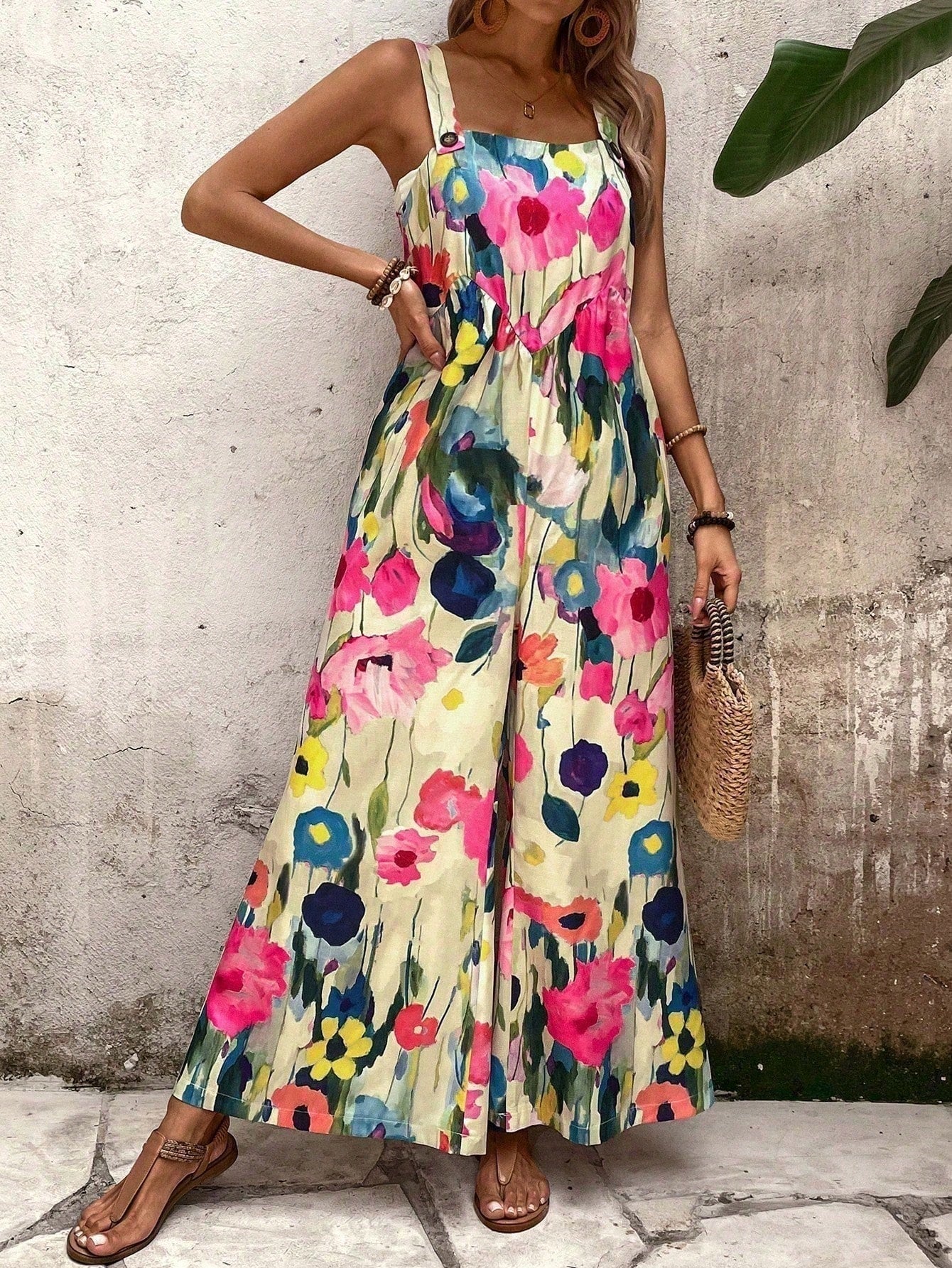 LUNE Floral Print Wide-Leg Jumpsuit For Vacation And Leisure