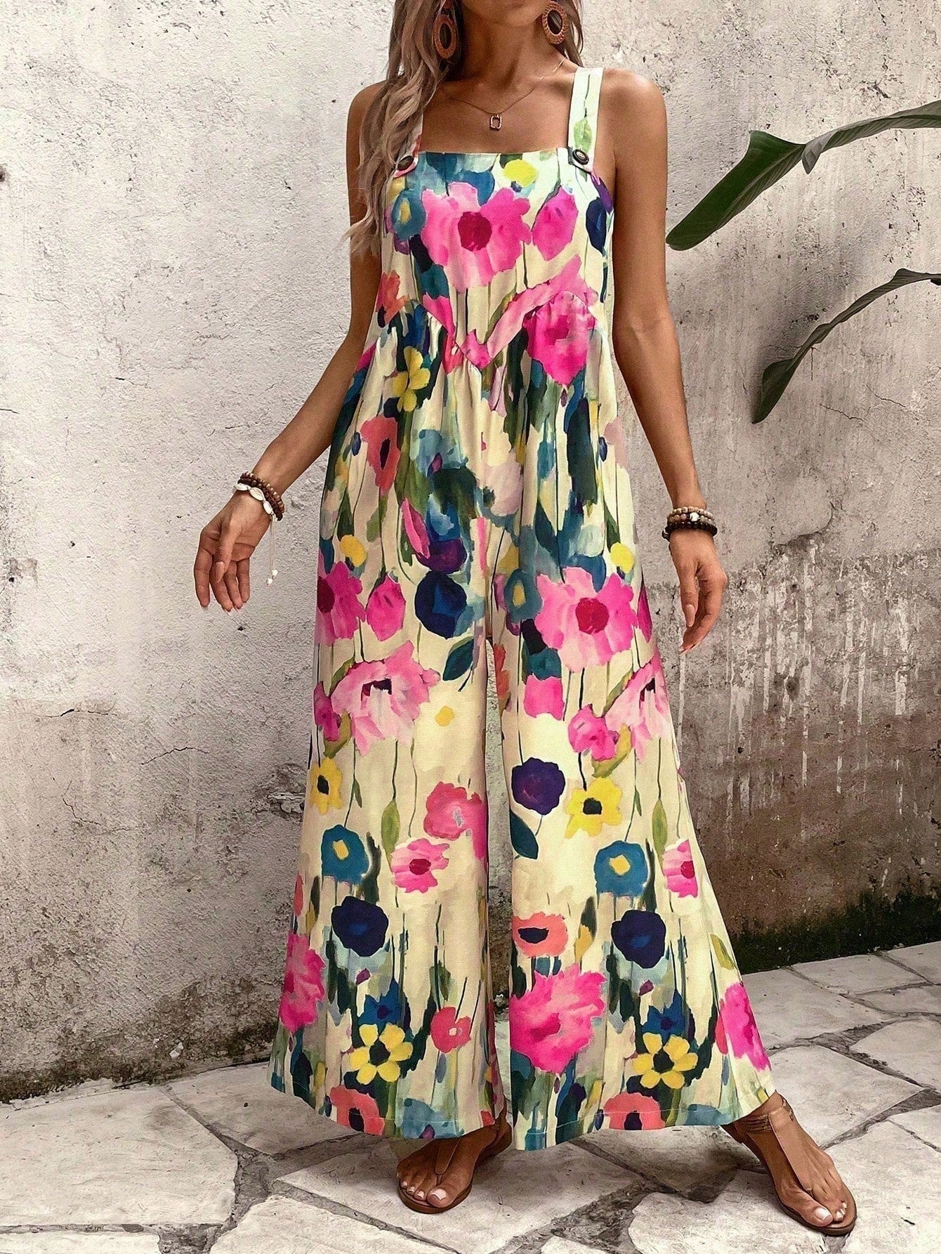 LUNE Floral Print Wide-Leg Jumpsuit For Vacation And Leisure