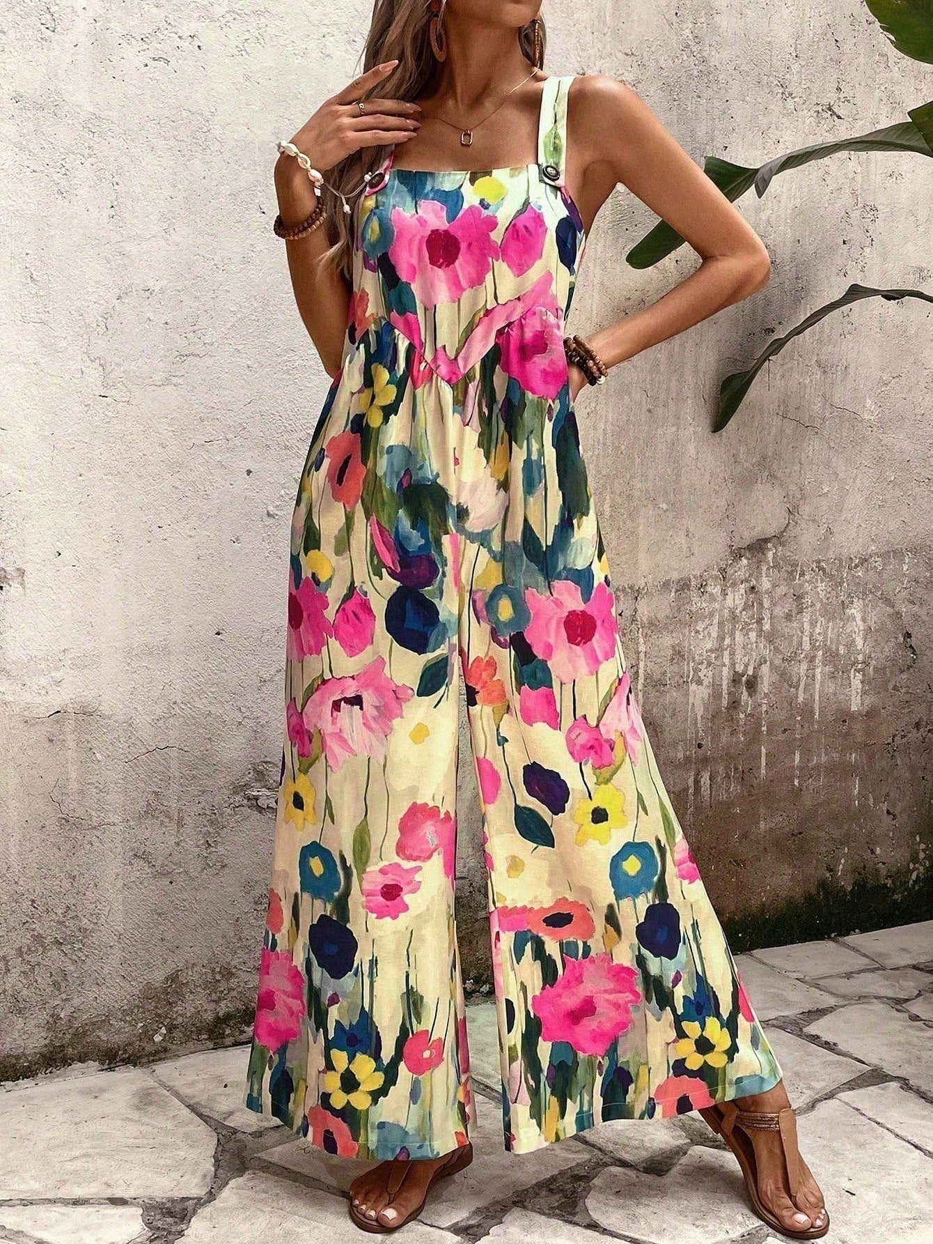 LUNE Floral Print Wide-Leg Jumpsuit For Vacation And Leisure