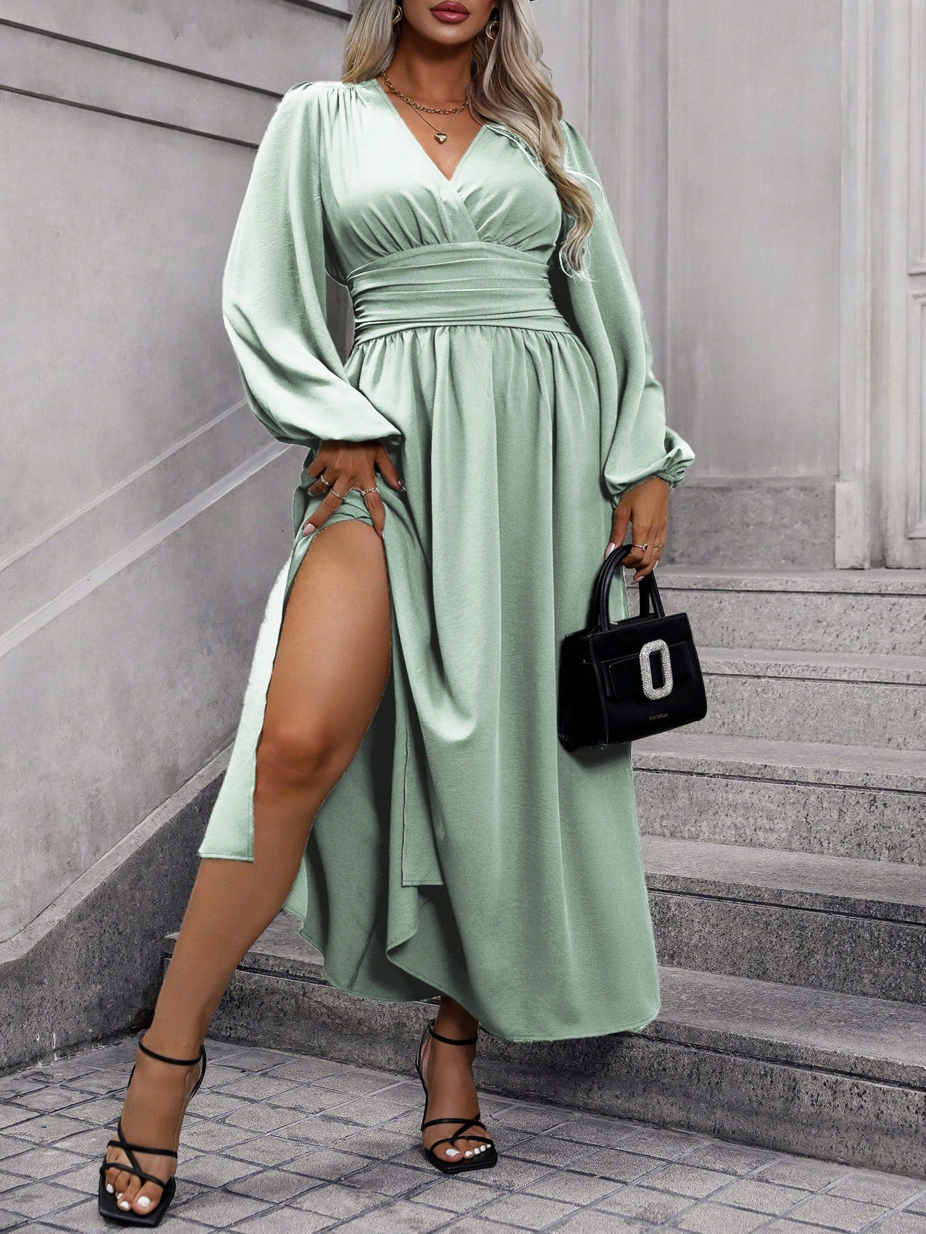 Frenchy Plus Size V-Neck Lantern Sleeve High Slit Dress