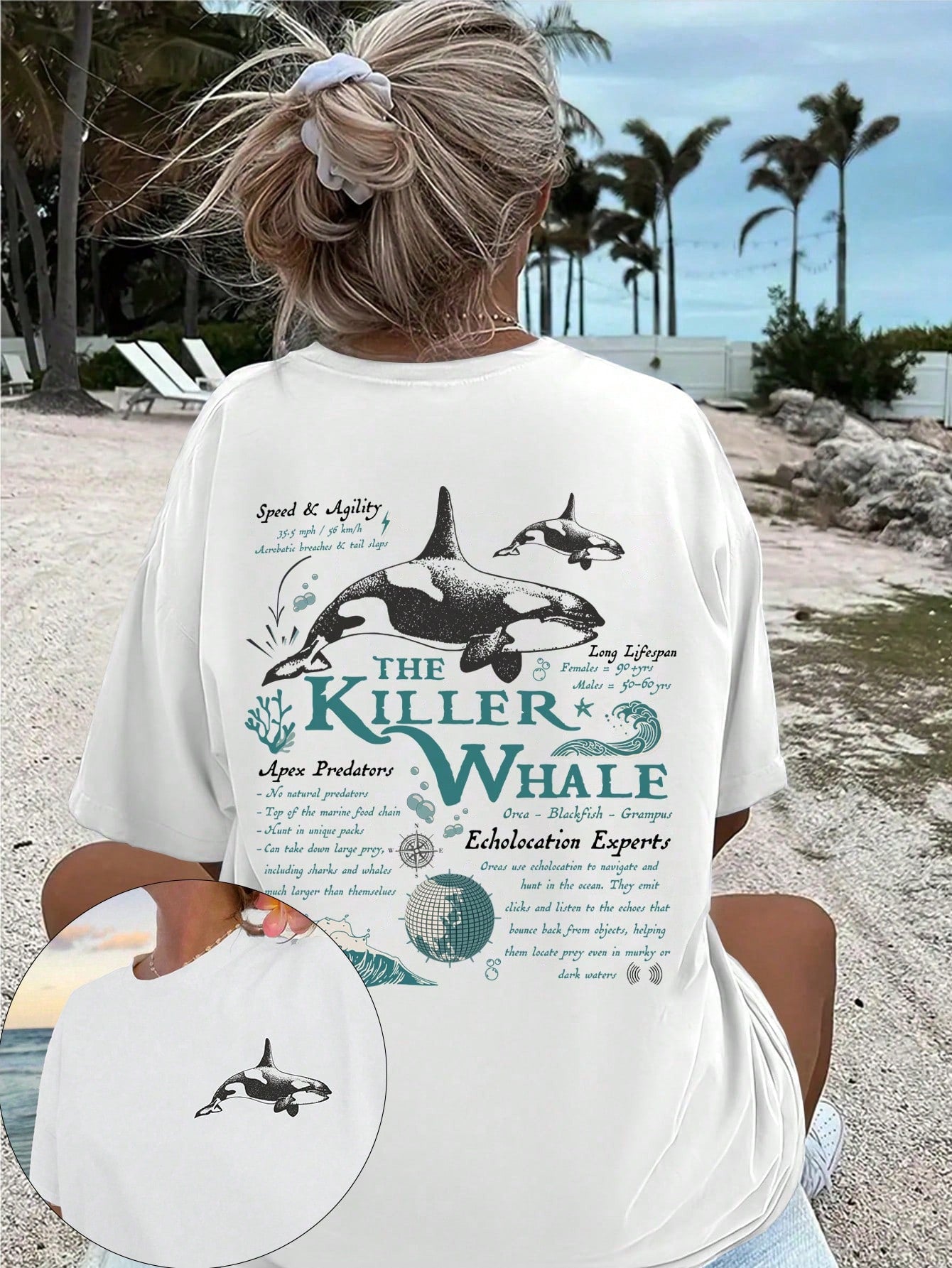 EZwear Loose Fit Graphic T-Shirt With Ocean Life Whale Print, Summer Round Neck Tee THE KILLER WHALE