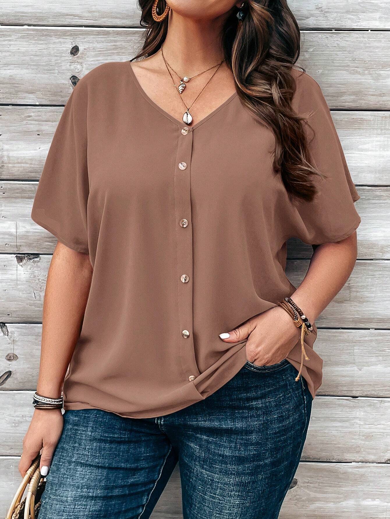 EMERY ROSE Plus Size Women's Orange Button Embellished Short Sleeve Blouse For Spring