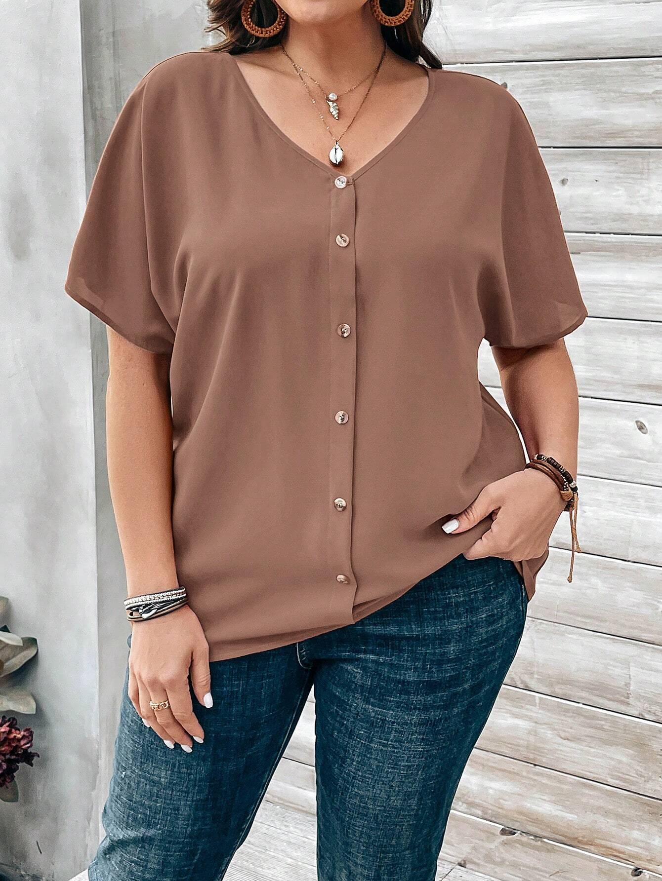 EMERY ROSE Plus Size Women's Orange Button Embellished Short Sleeve Blouse For Spring