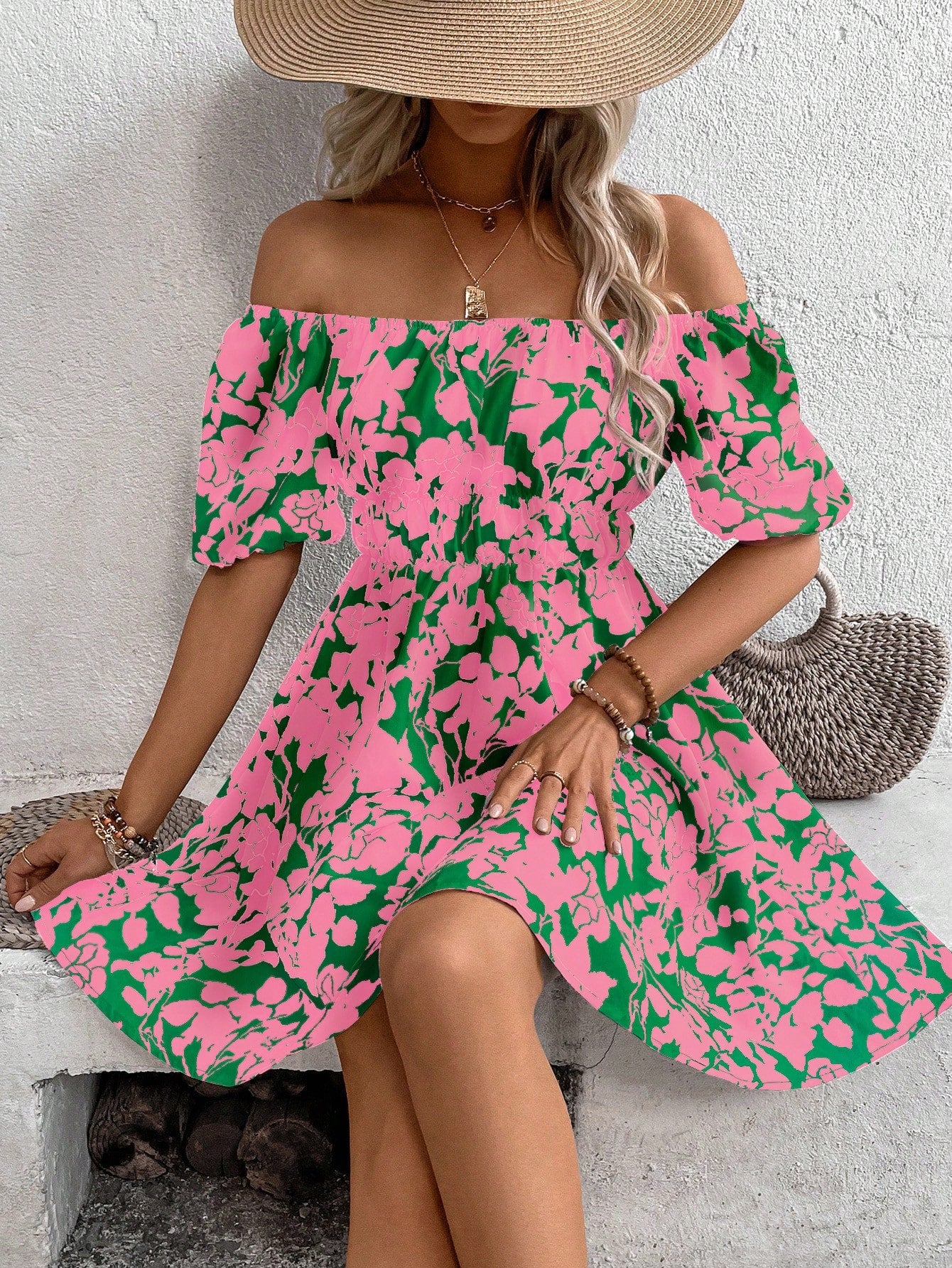 Holidaya Floral Print Off Shoulder Dress Vacation Beach Outfits Women