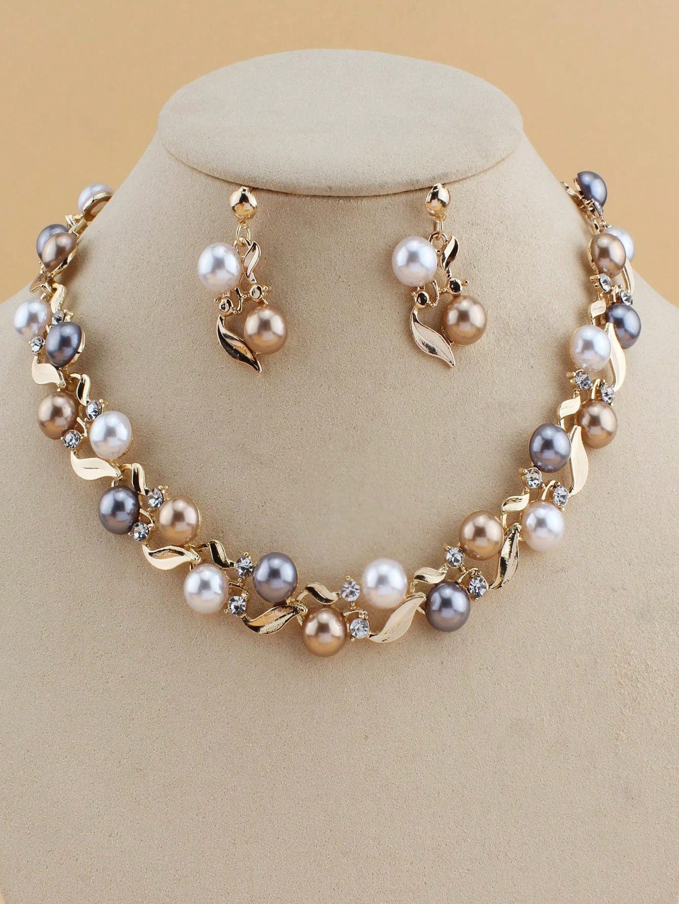 3pcs/Set Wedding Season/Graduation Season Gorgeous Style Flower/Faux Pearl/Rhinestone Necklace & Earring Gift Set For Women, Suitable For Valentine's Day/Christmas/Teacher's Day/Mother's Day/Party/Banquet/Dance/Annual Meeting/Date, Bridal Jewelry Set