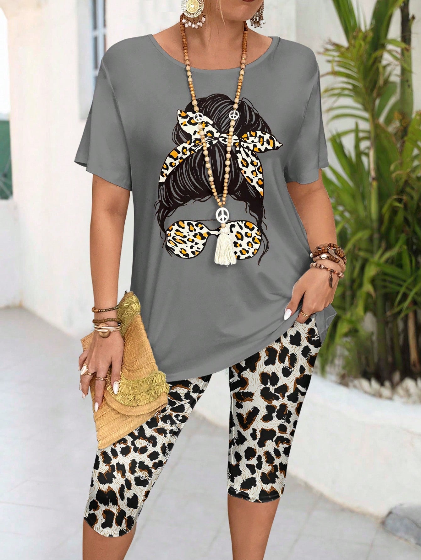 Summer Casual Marble Print Short Sleeve T-Shirt And Leggings 2-Piece Set For Plus Size Women