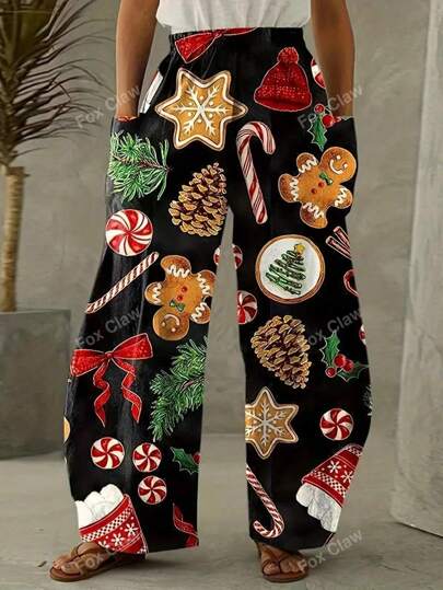 Plus Christmas Graphic Print Straight Leg Pocket Pants