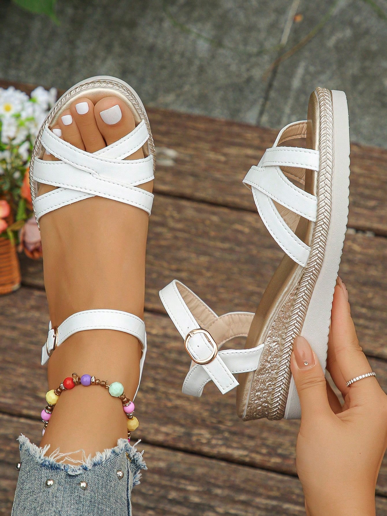 New Fashion Casual Gold Comfortable White PU Women's Wedge Heel Platform Sandals