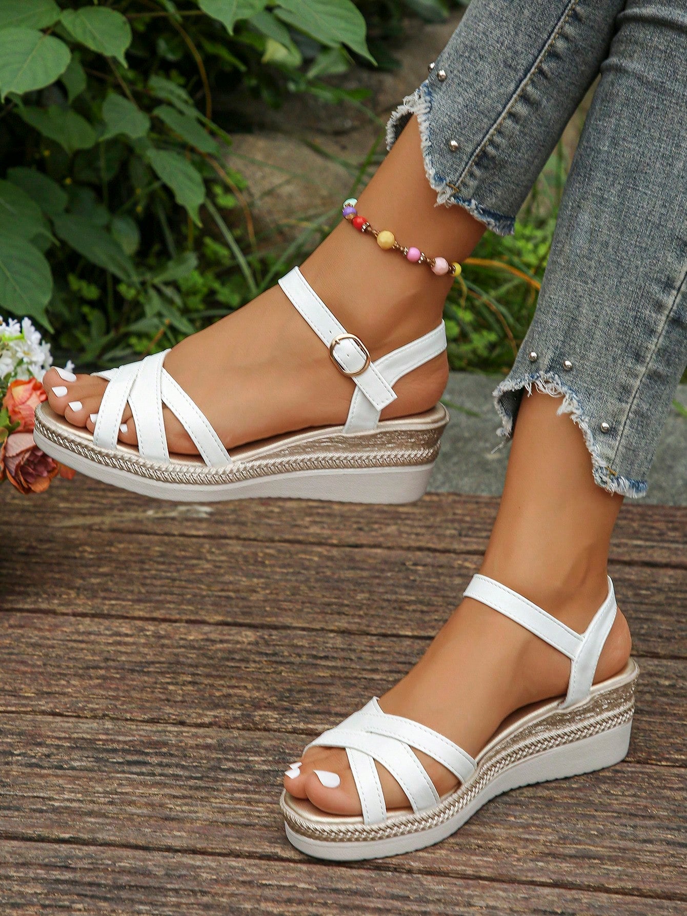 New Fashion Casual Gold Comfortable White PU Women's Wedge Heel Platform Sandals