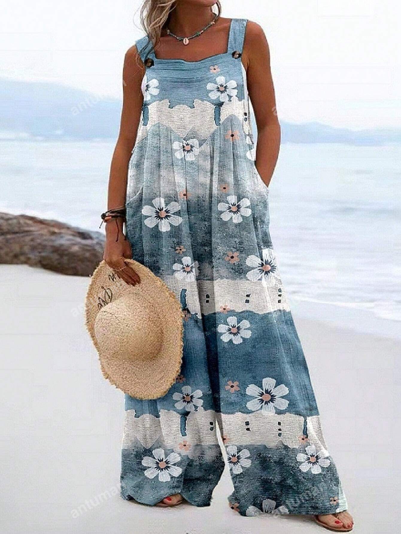 Plus Size Floral Print Buttoned Overalls Wide Leg Jumpsuit For Vacation And Leisure