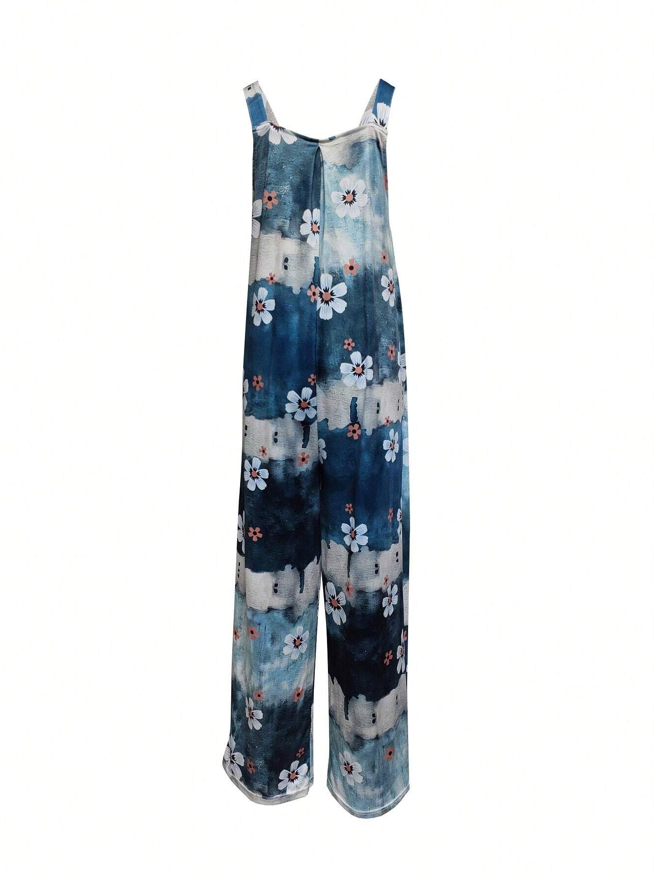 Plus Size Floral Printed Buttoned Suspender Wide Leg Jumpsuit, Vacation Leisure Style