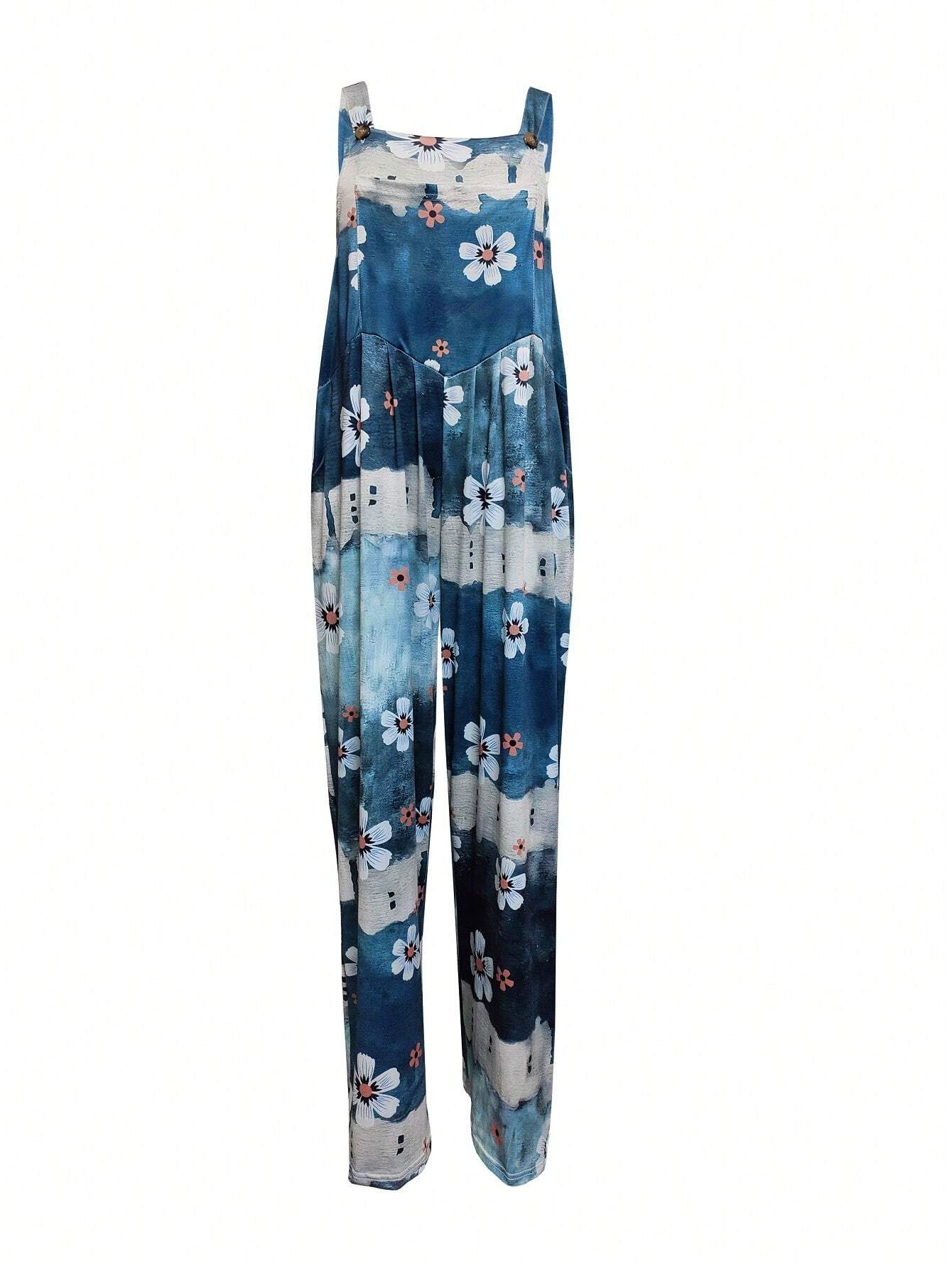 Plus Size Floral Printed Buttoned Suspender Wide Leg Jumpsuit, Vacation Leisure Style