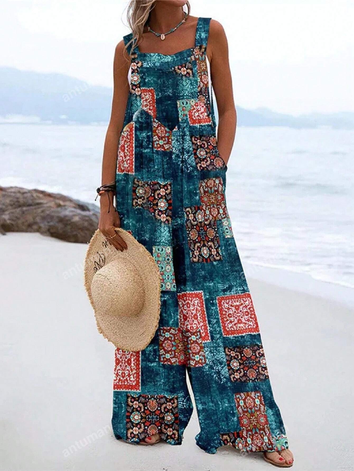 Plus Size Floral Printed Buttoned Suspender Wide Leg Jumpsuit, Vacation Leisure Style