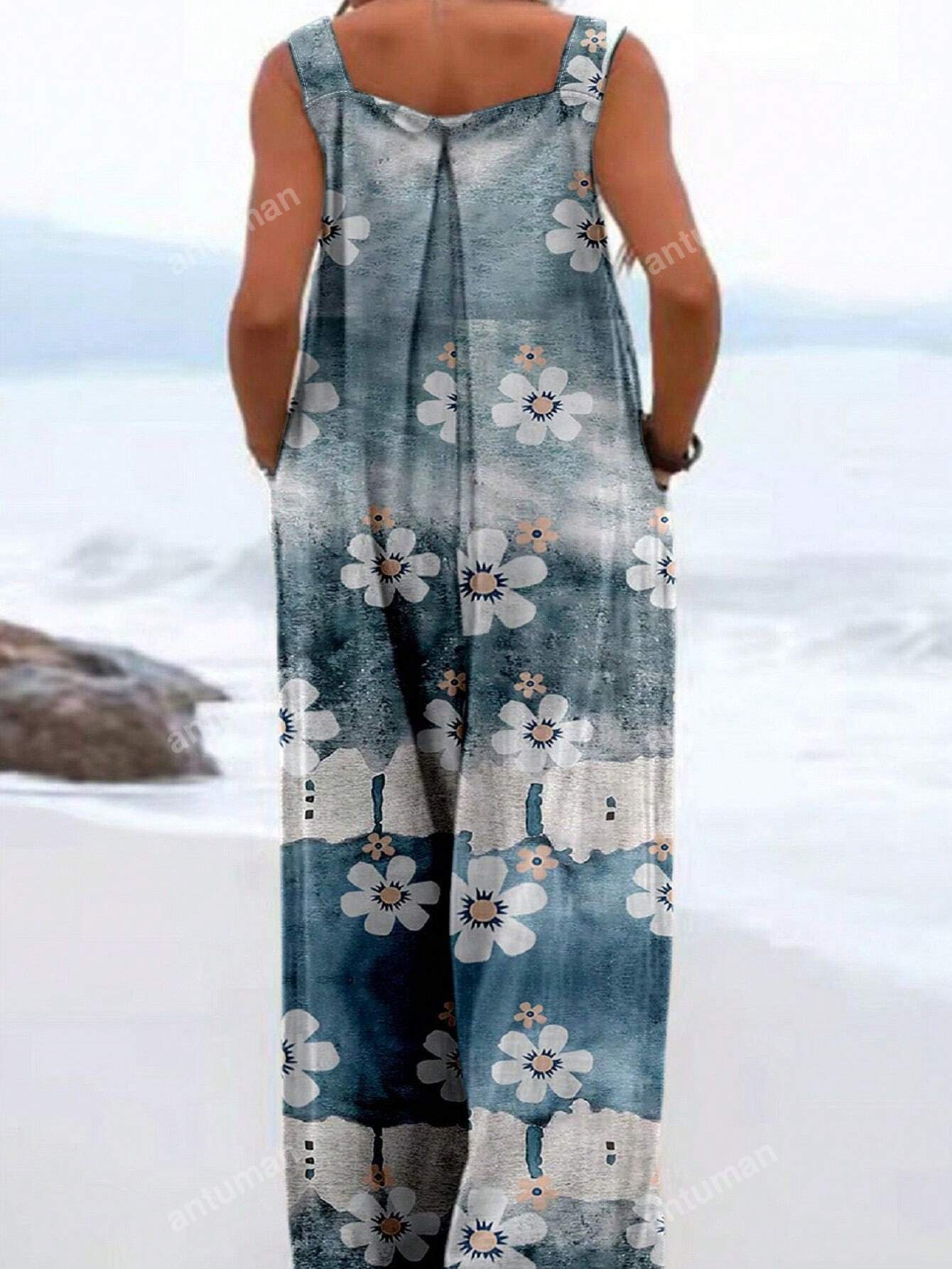 Plus Size Floral Printed Buttoned Suspender Wide Leg Jumpsuit, Vacation Leisure Style