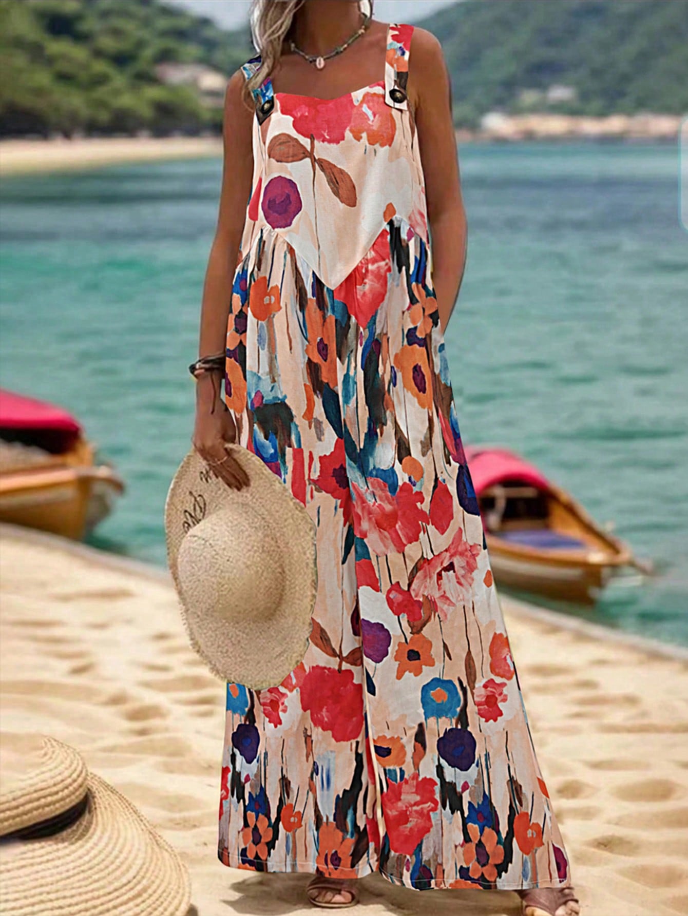 LUNE Floral Print Wide-Leg Jumpsuit For Vacation And Leisure