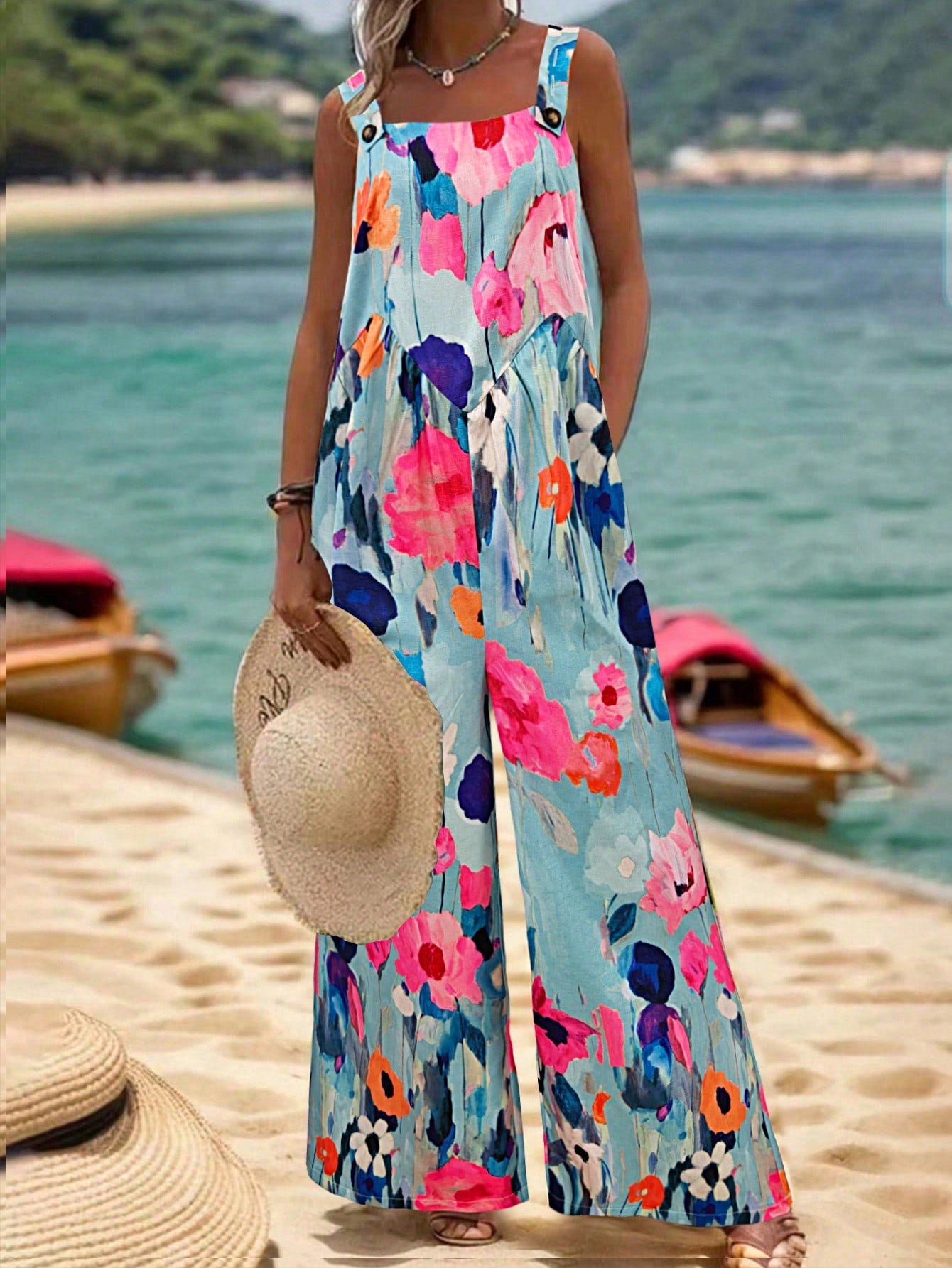 LUNE Floral Print Wide-Leg Jumpsuit For Vacation And Leisure