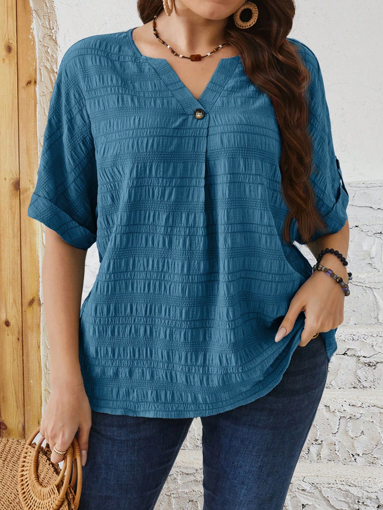 EMERY ROSE Plus Size Relaxed Fit Casual Button Down Shirt With Notched V-Neck And Batwing Sleeves