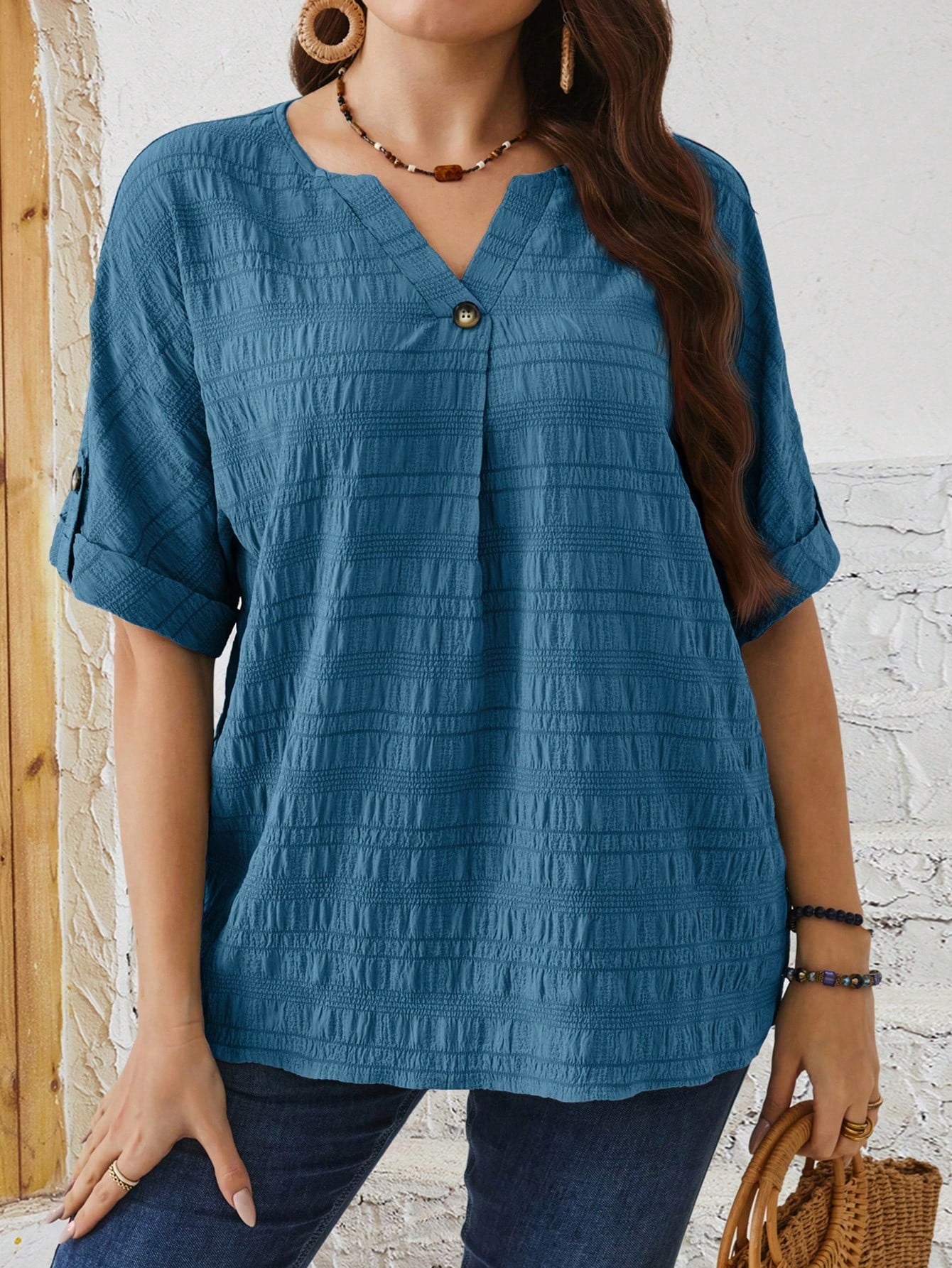 EMERY ROSE Plus Size Relaxed Fit Casual Button Down Shirt With Notched V-Neck And Batwing Sleeves