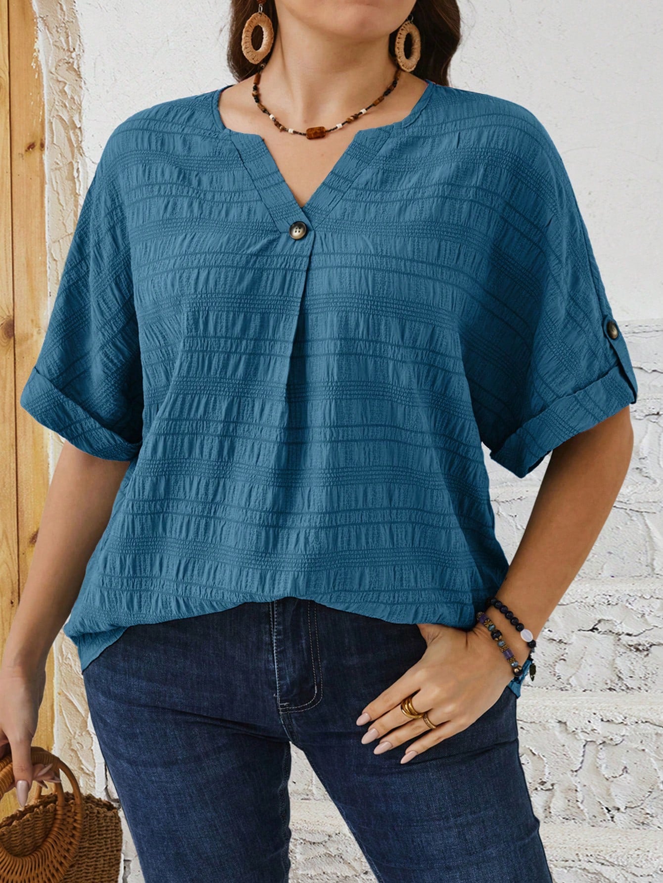 EMERY ROSE Plus Size Relaxed Fit Casual Button Down Shirt With Notched V-Neck And Batwing Sleeves