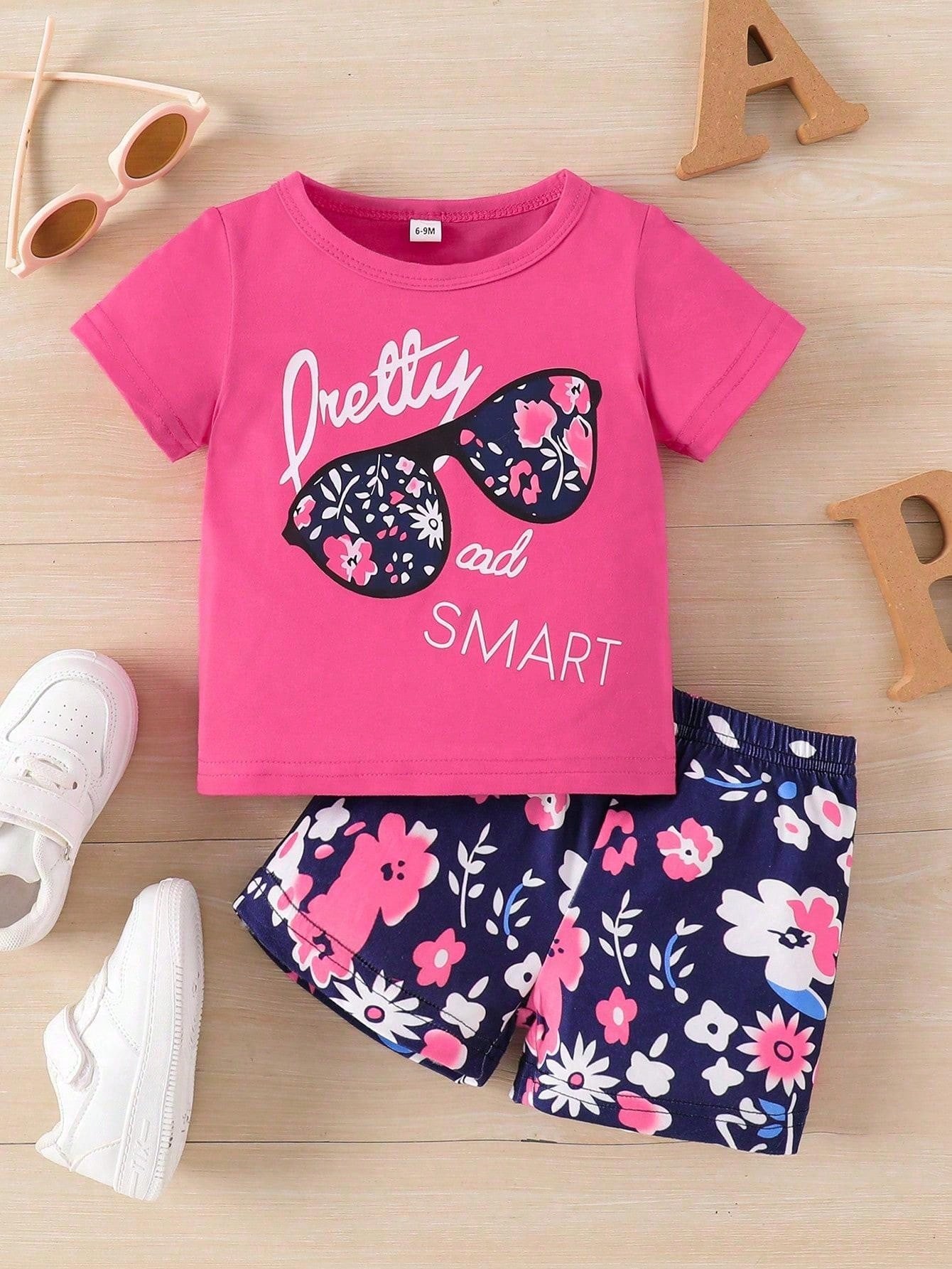 Baby Girls' Cute Glasses Allover Print Short Sleeve Top And Allover Print Shorts Set For Summer Casual Outfits