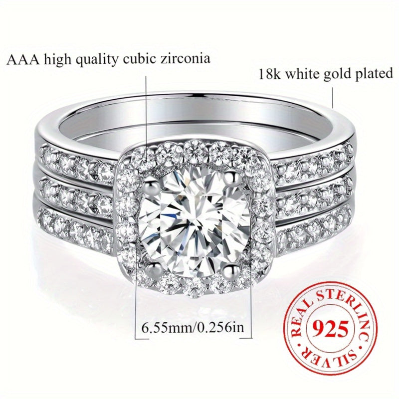 Elegant 925 Sterling Silvery Halo Ring with Square Cubic Zirconia - Stackable Engagement & Promise Band, Perfect for Weddings & Anniversaries