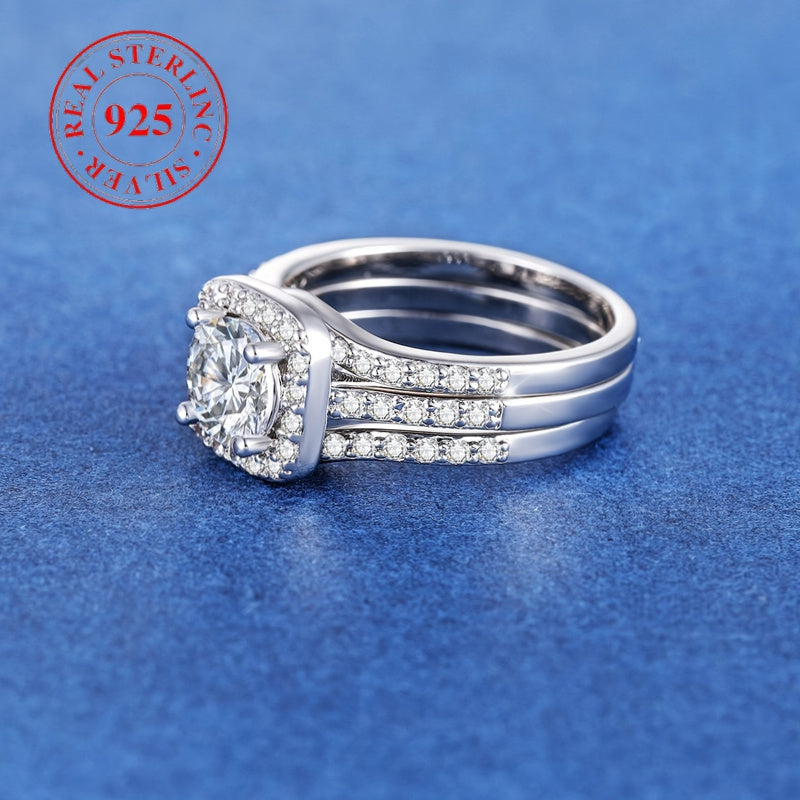 Elegant 925 Sterling Silvery Halo Ring with Square Cubic Zirconia - Stackable Engagement & Promise Band, Perfect for Weddings & Anniversaries