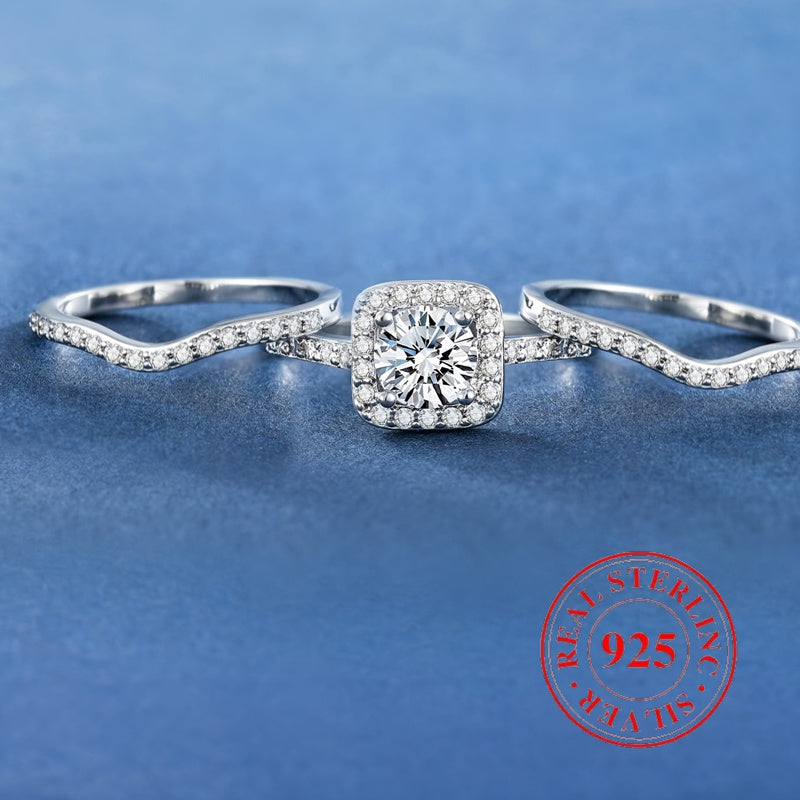 Elegant 925 Sterling Silvery Halo Ring with Square Cubic Zirconia - Stackable Engagement & Promise Band, Perfect for Weddings & Anniversaries