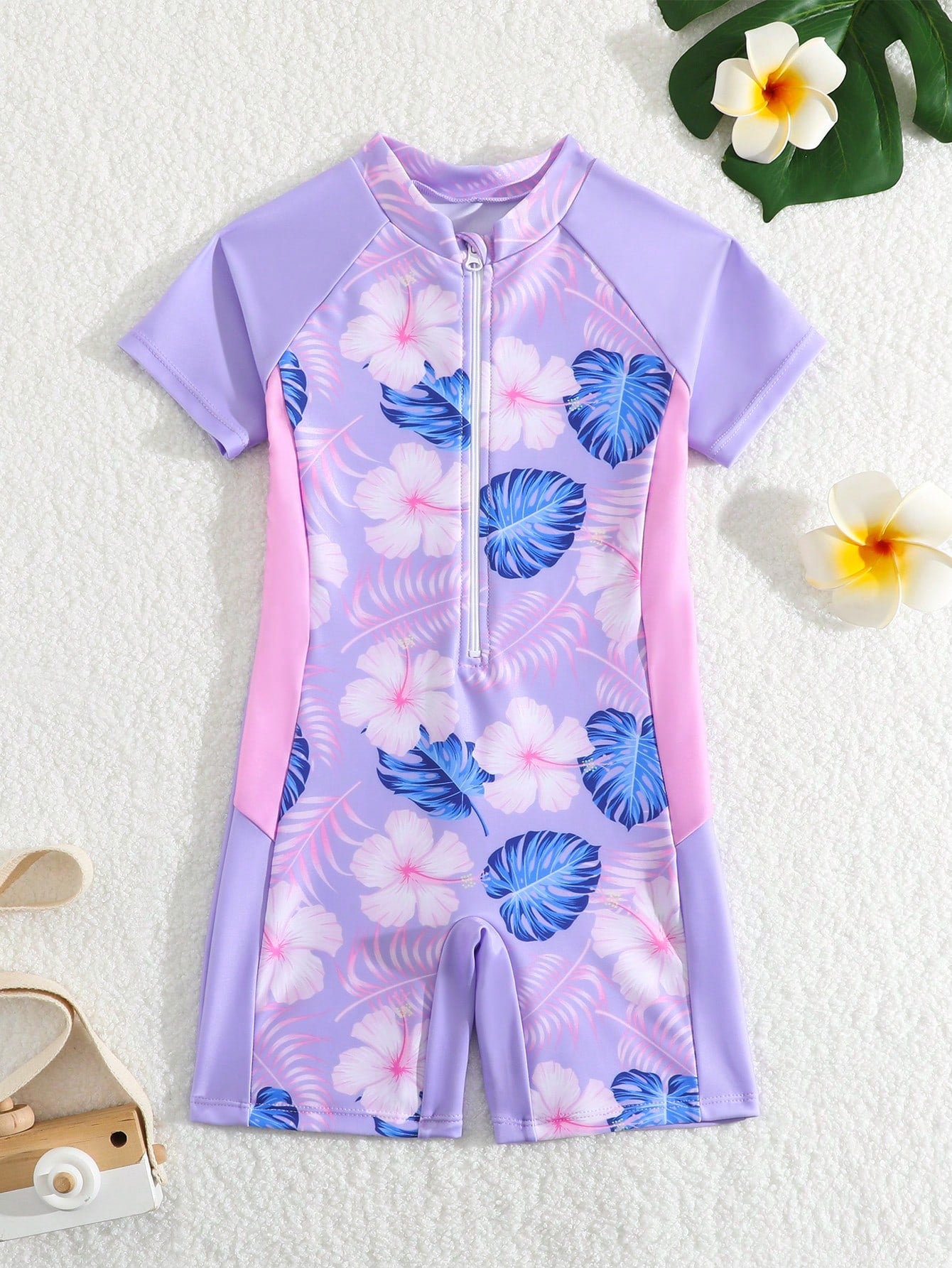 Young Girls' Floral Zipper Half Front One-Piece Swimsuit