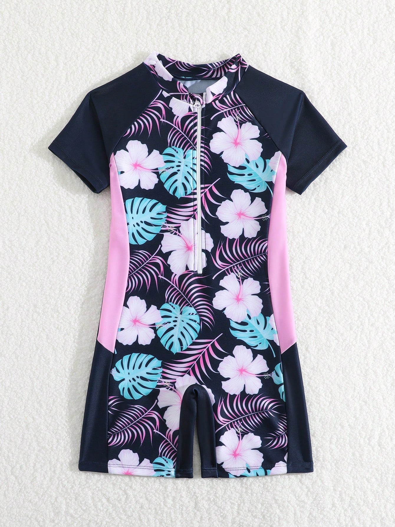 Young Girls' Floral Zipper Half Front One-Piece Swimsuit