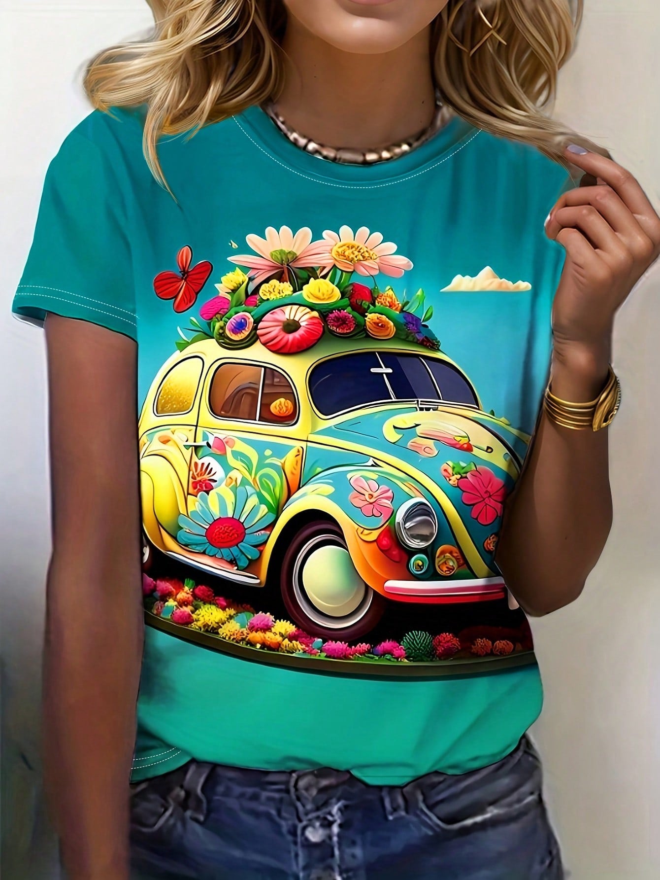 LUNE Summer Round Neck Car Print Tee