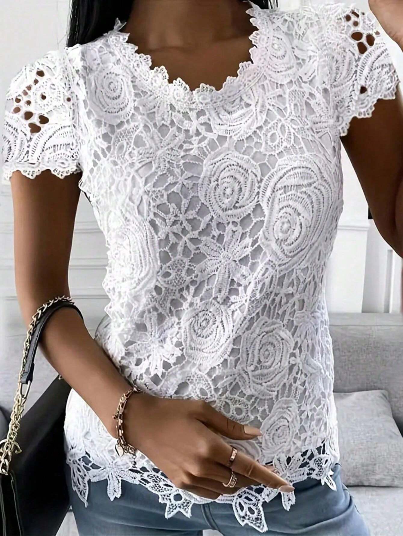 Women's Solid Color Lace Shirt