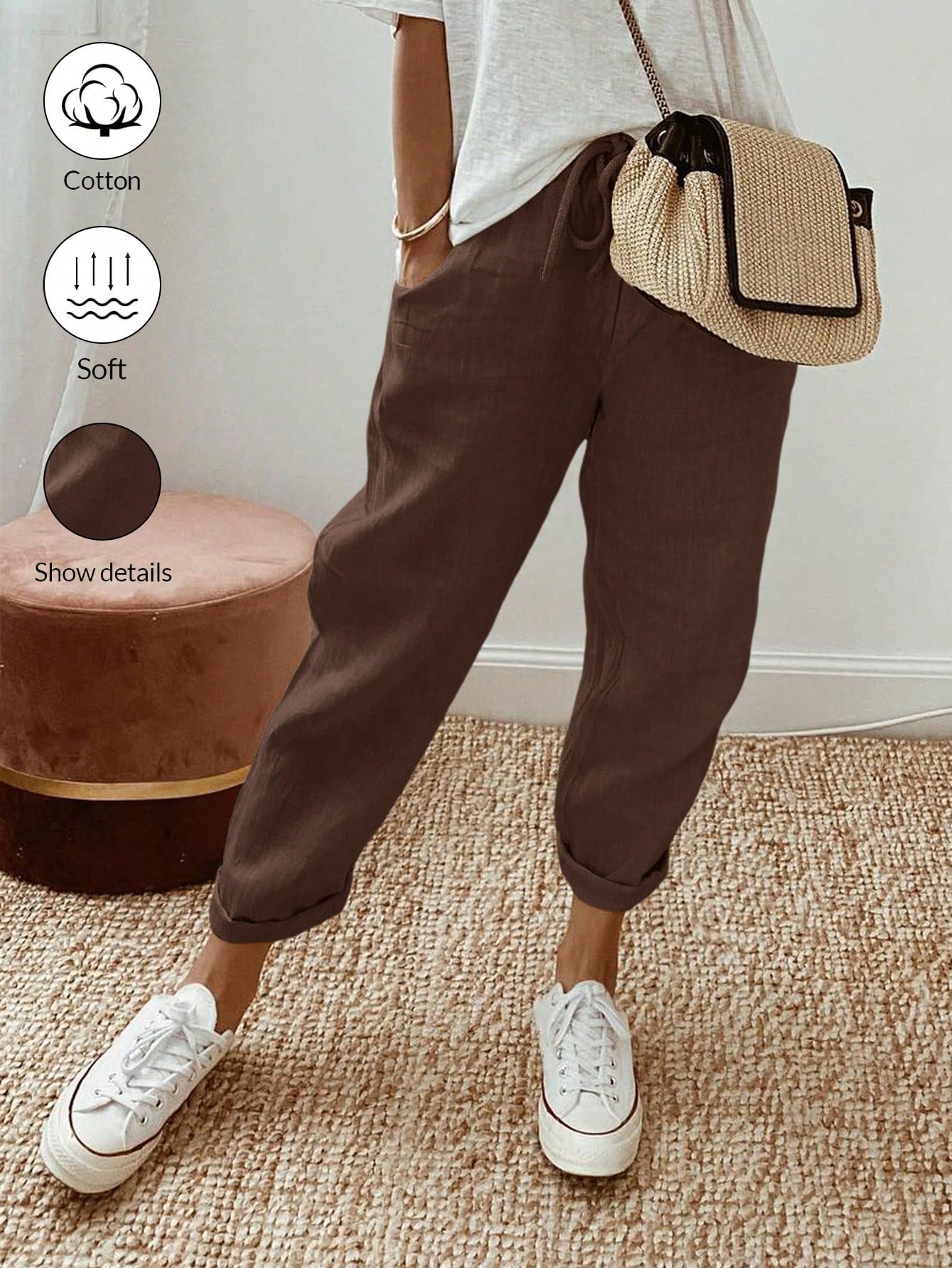 LUNE Solid Color Elastic Waistband Tapered Pants With Diagonal Pockets And Tie Belt For Casual And Versatile Look,Ladies Spring/Fall Casual Drawstring,Pocket Natural Jogger Cropped Khaki Regular Fit Women Pants,Casual Daily Wear