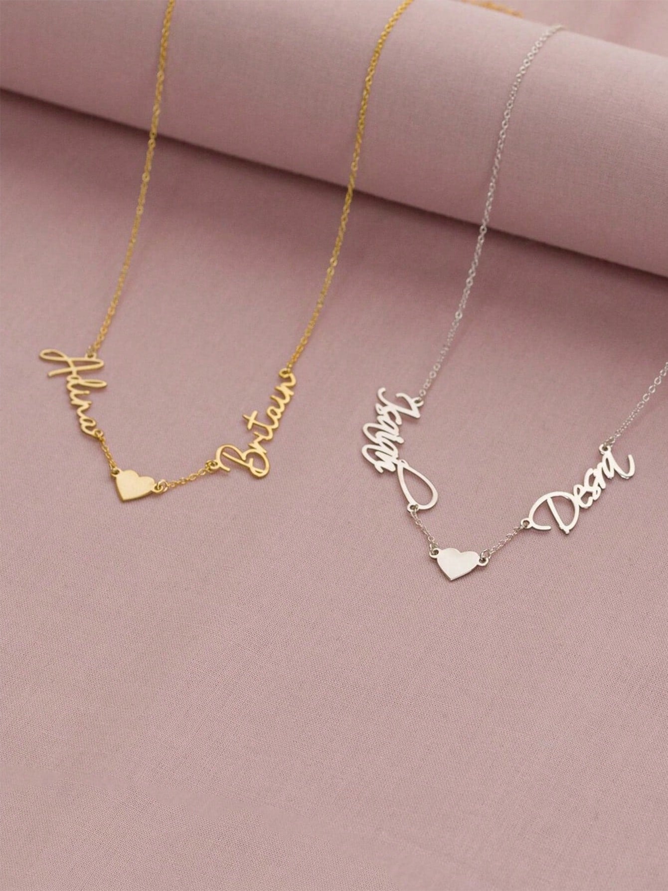 1pc Customized Couple/Family Name English Alphabet & Number Heart Shaped Pendant Double Name Necklace Gift Silver,Yellow Gold Stylish,Fall Fashion,Casual,Contracted,Simple,Old Money,Cuties Custom,Personalized,Unique Ideal Gifts For Her Girlfriend,Mom,Fam