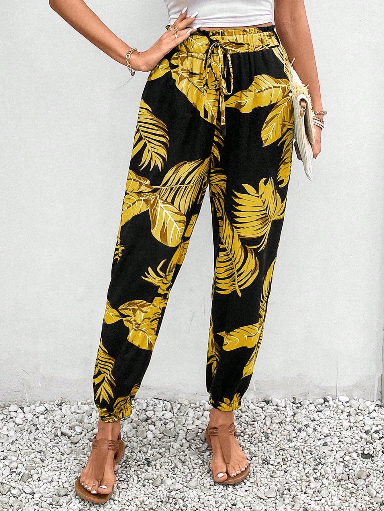 VCAY Tropical Print Paperbag Waist Belted Pants