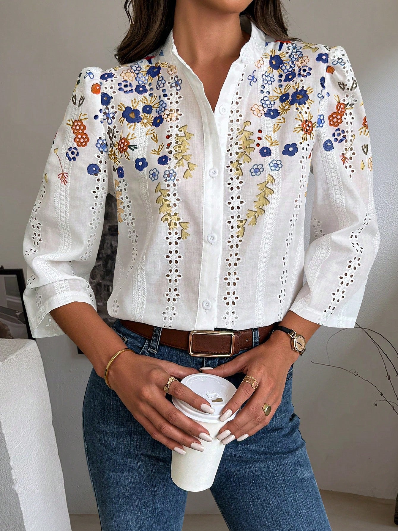 Clasi Floral Embroidery Button Front Shirt