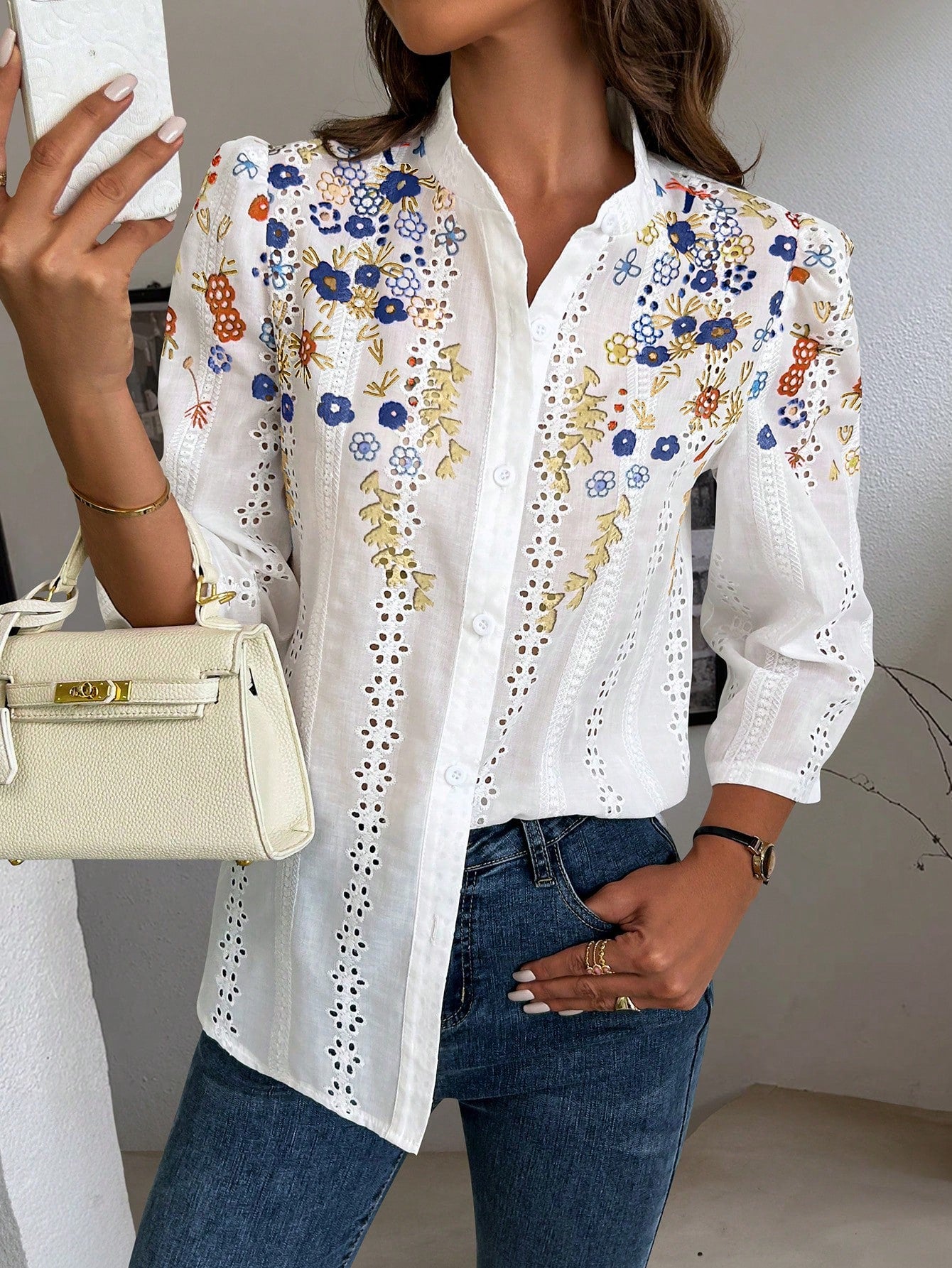 Clasi Floral Embroidery Button Front Shirt