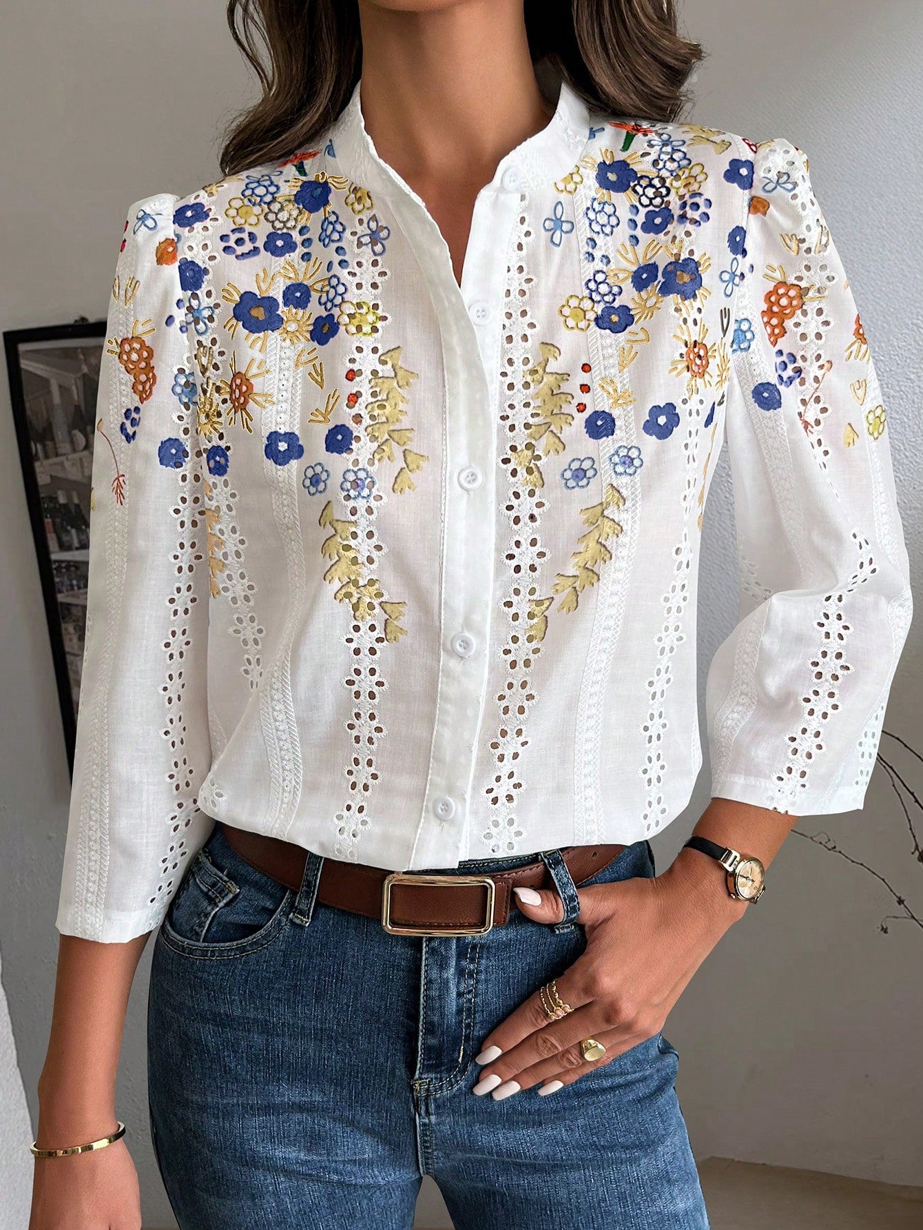 Clasi Floral Embroidery Button Front Shirt