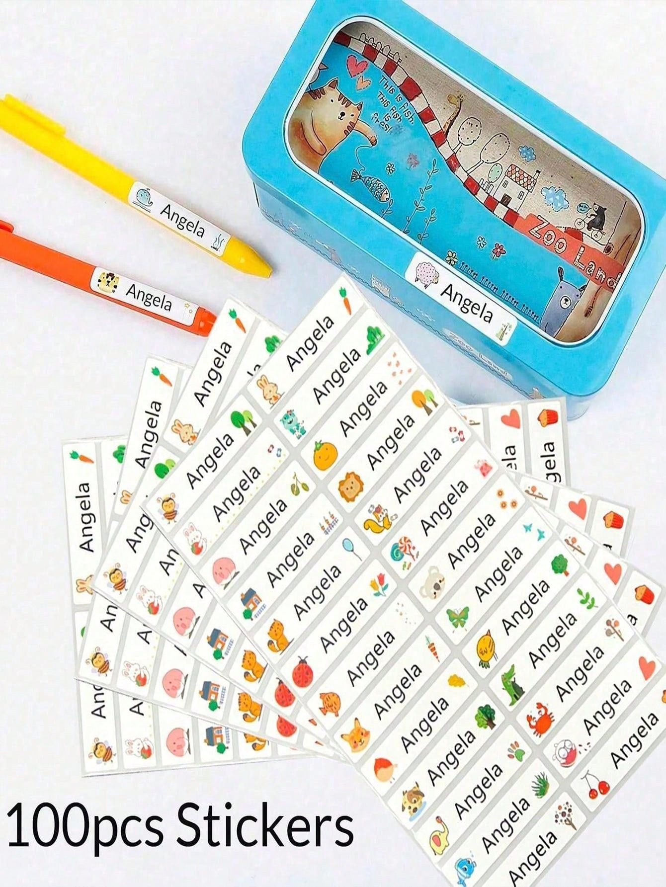 100pcs Personalized Name Stickers And 1pc Custom Name Stamp For Kids Clothing Waterproof The Name Stamp Personalized For Clothes ,Handwritten Signature Stamp,Personalized Clothing Stamps For Clothes, DIY Customized Cartoon Self Inking Name Seal Stamp For