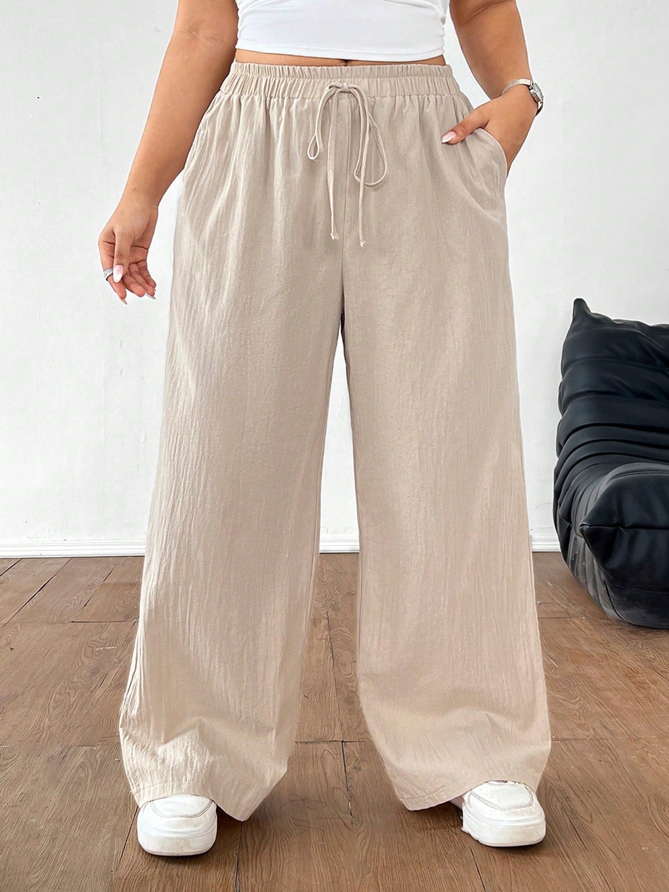 EZwear Plus Size Summer Solid Color Casual Pants With Pockets And Tie Knot