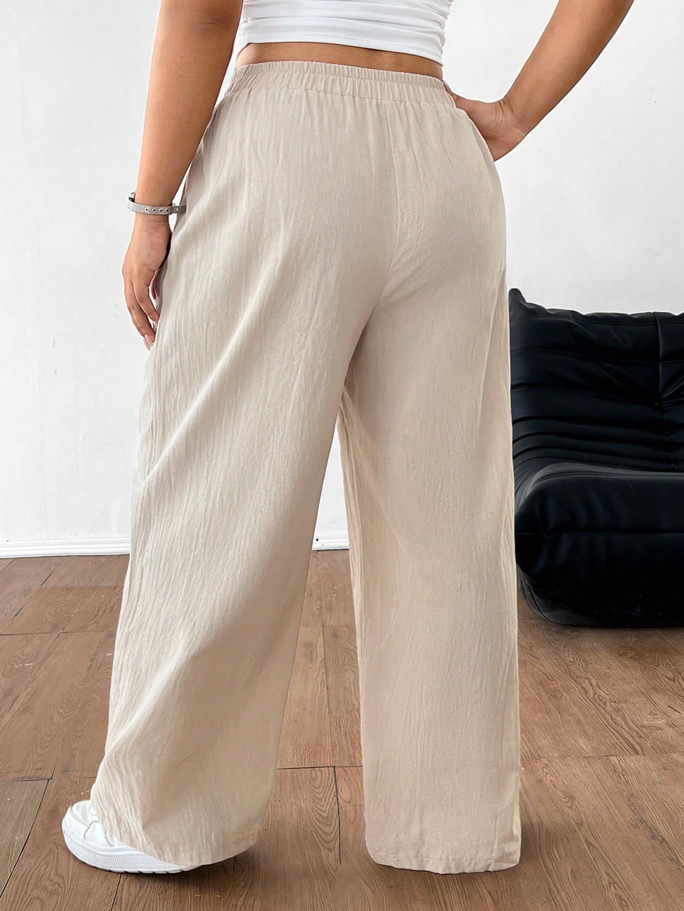 EZwear Plus Size Summer Solid Color Casual Pants With Pockets And Tie Knot