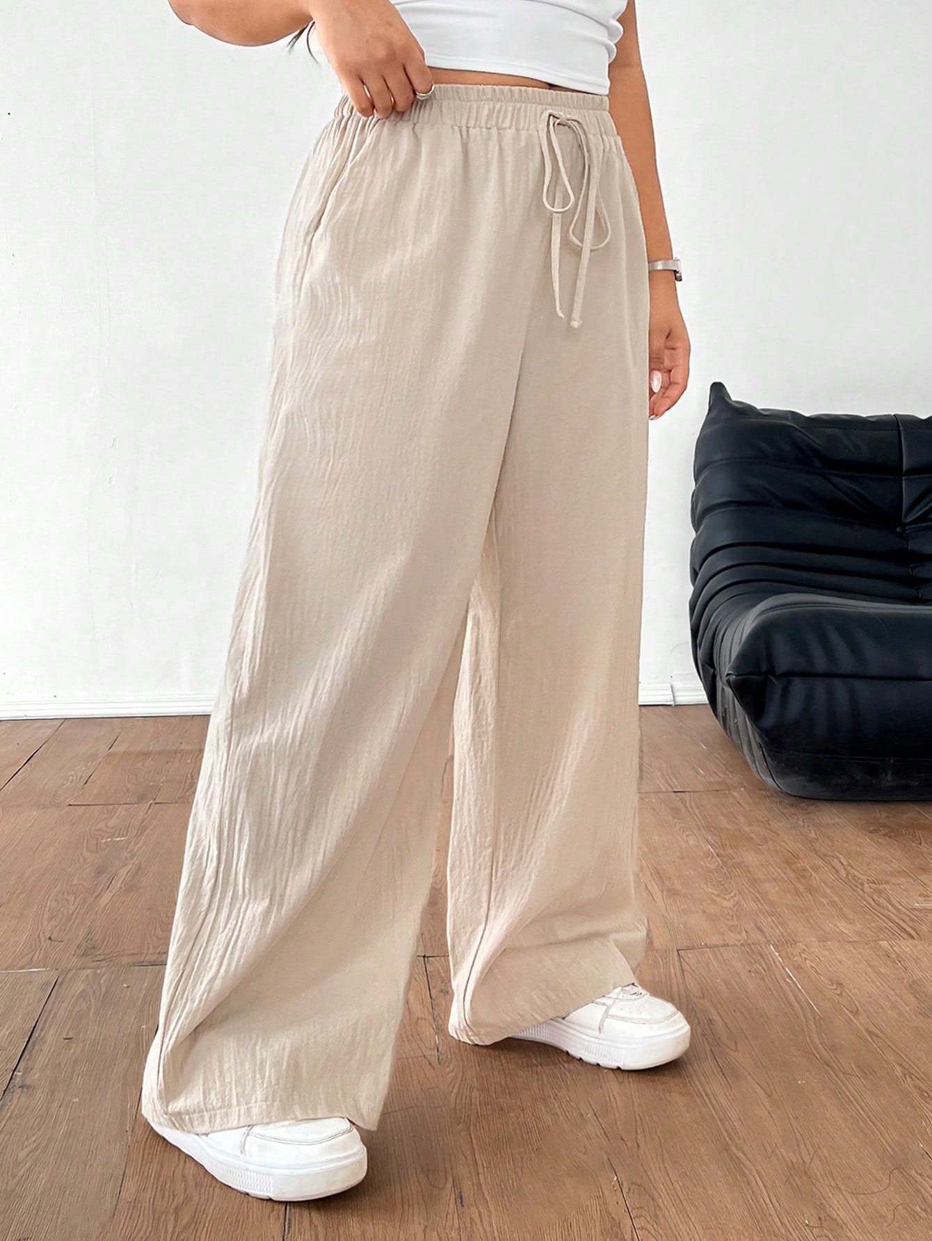 EZwear Plus Size Summer Solid Color Casual Pants With Pockets And Tie Knot