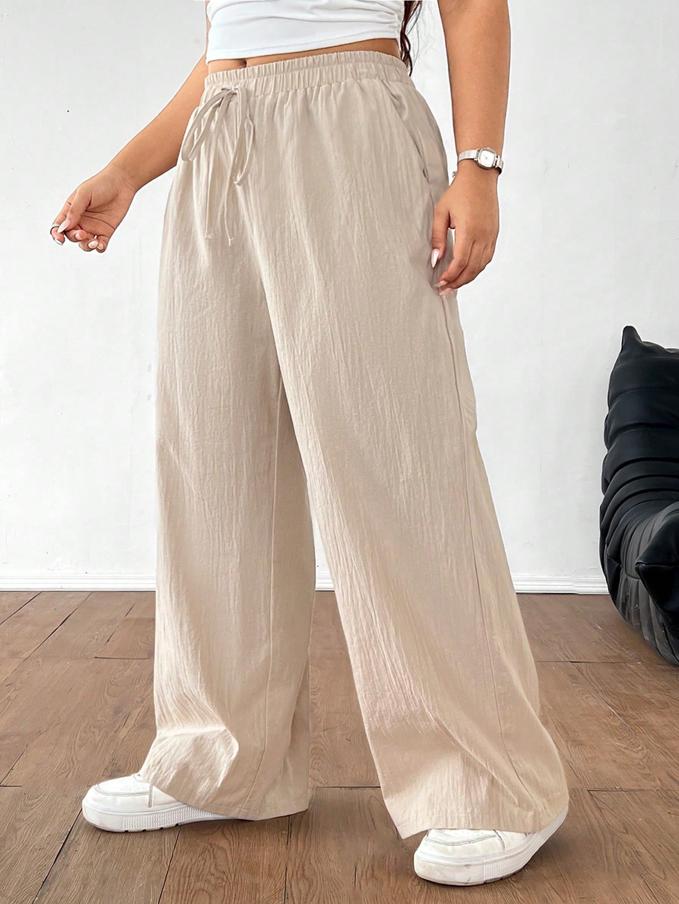 EZwear Plus Size Summer Solid Color Casual Pants With Pockets And Tie Knot